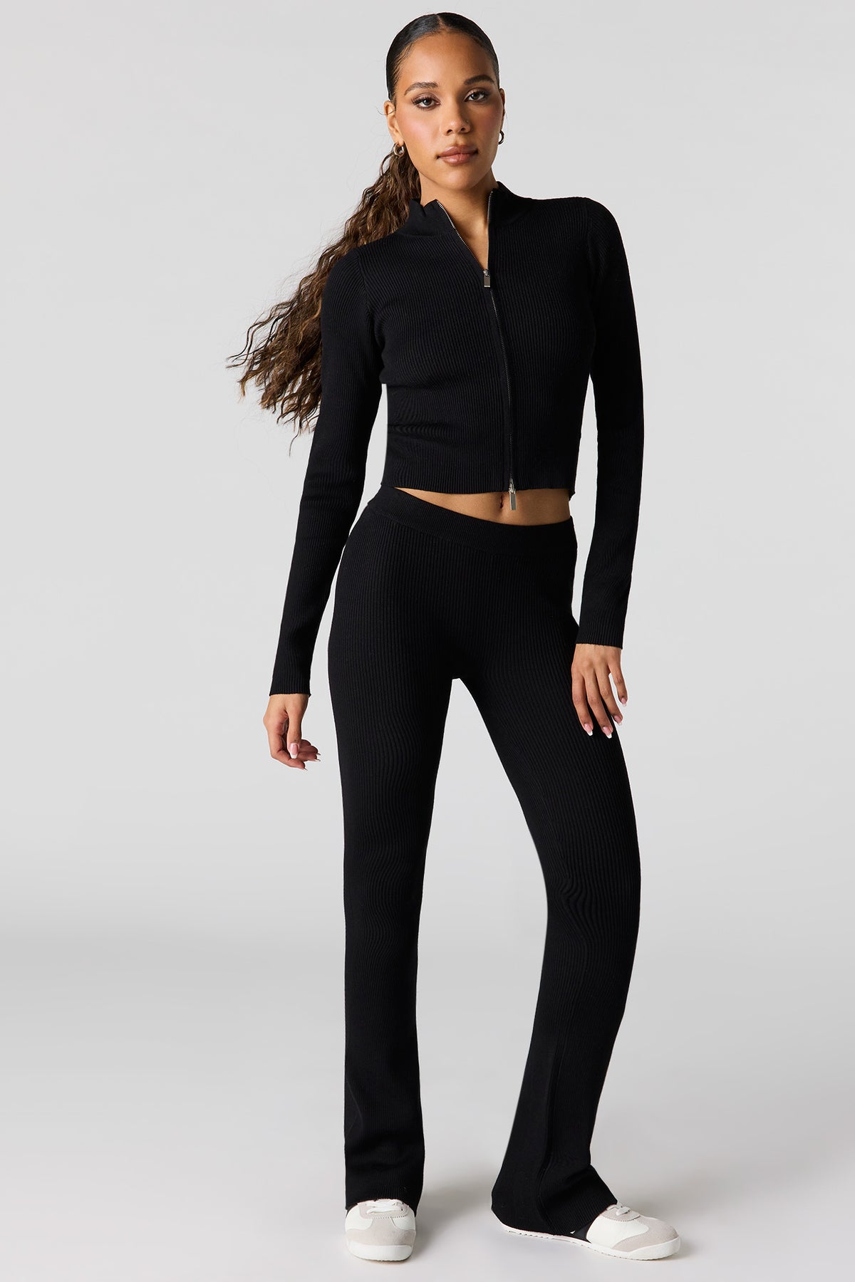 Alt View 3. Ribbed 2-Way Zip-Up Long Sleeve Top - Black