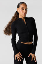 Ribbed 2-Way Zip-Up Long Sleeve Top