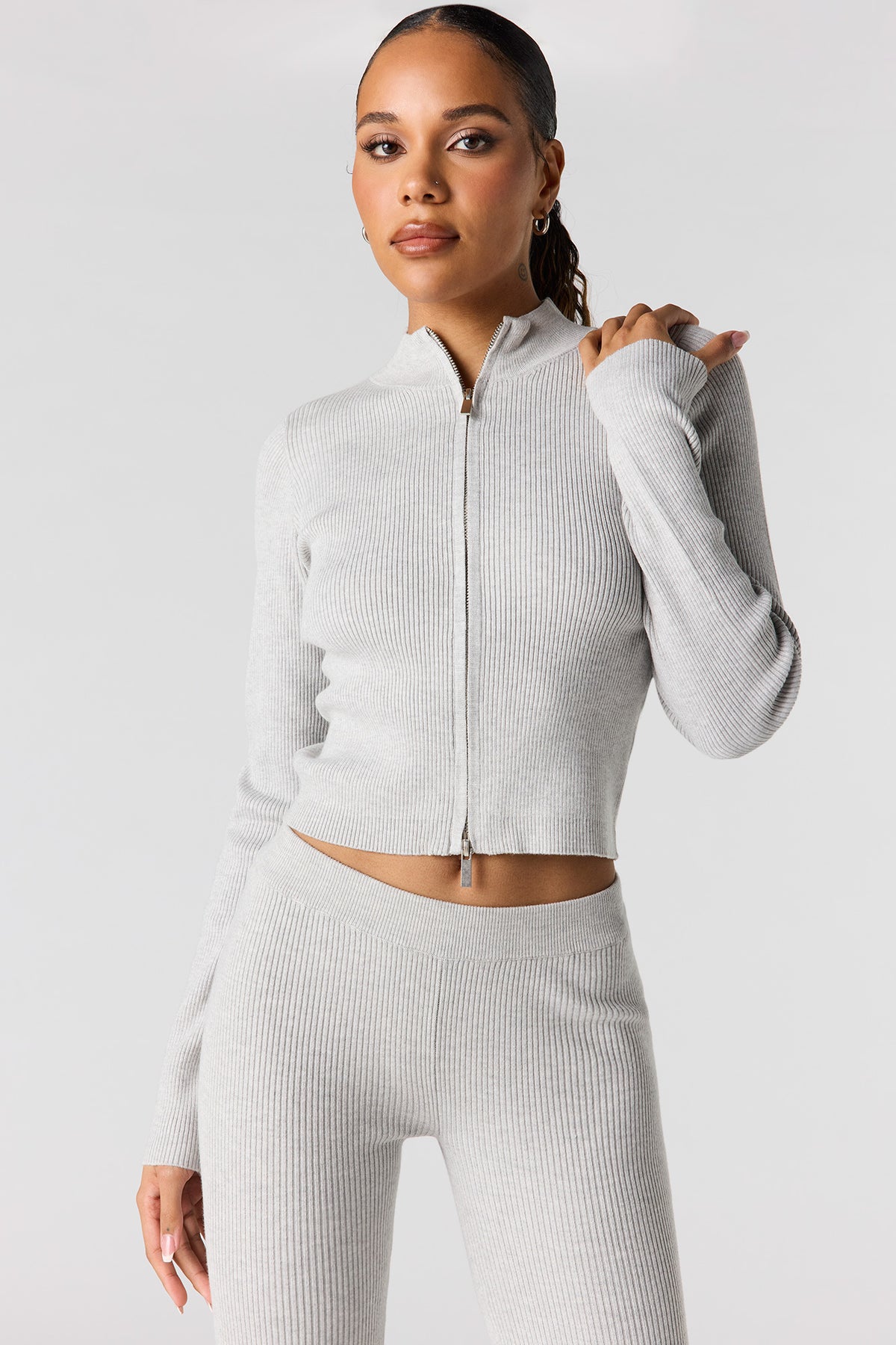 Ribbed 2-Way Zip-Up Long Sleeve Top - Heather Grey