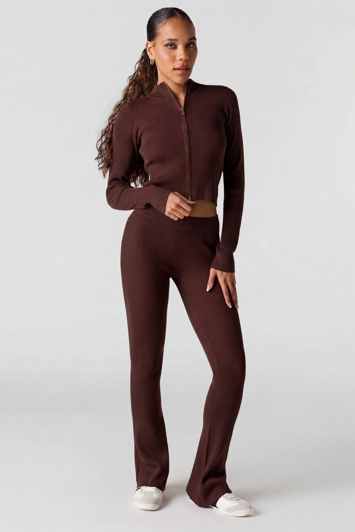 Alt View 3. Ribbed 2-Way Zip-Up Long Sleeve Top - Brown