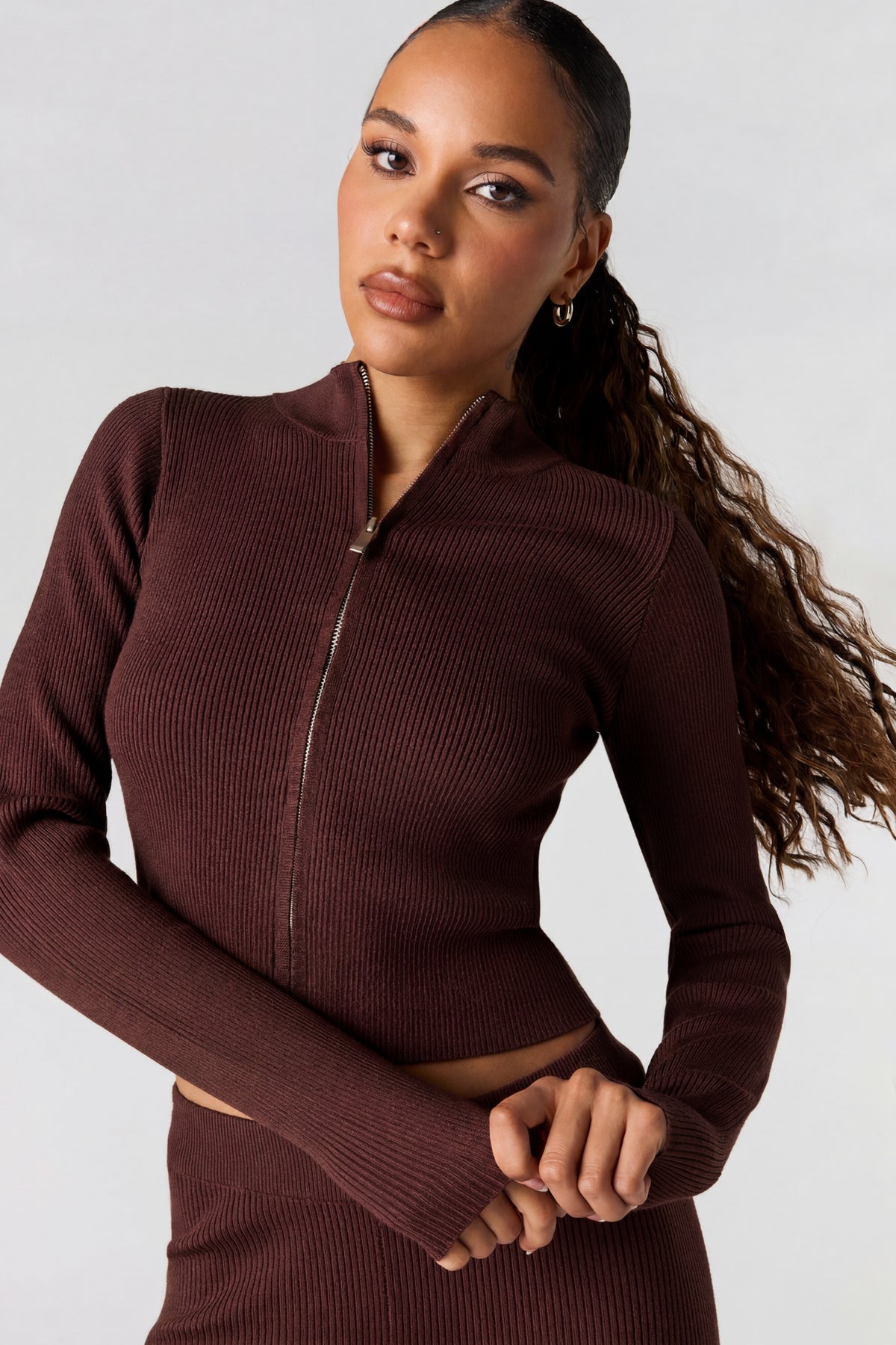 Ribbed 2-Way Zip-Up Long Sleeve Top - Brown