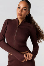 Ribbed 2-Way Zip-Up Long Sleeve Top