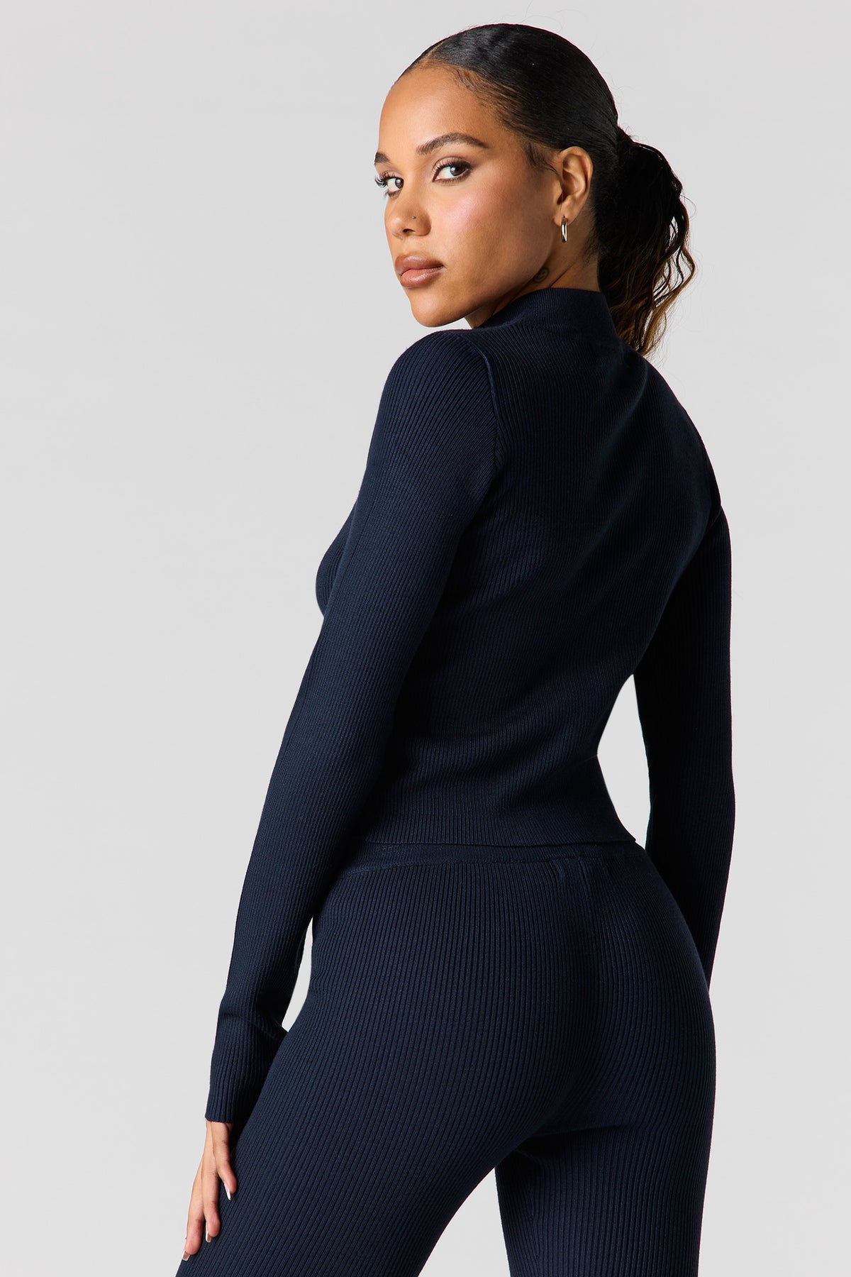 Alt View 2. Ribbed 2-Way Zip-Up Long Sleeve Top - Navy