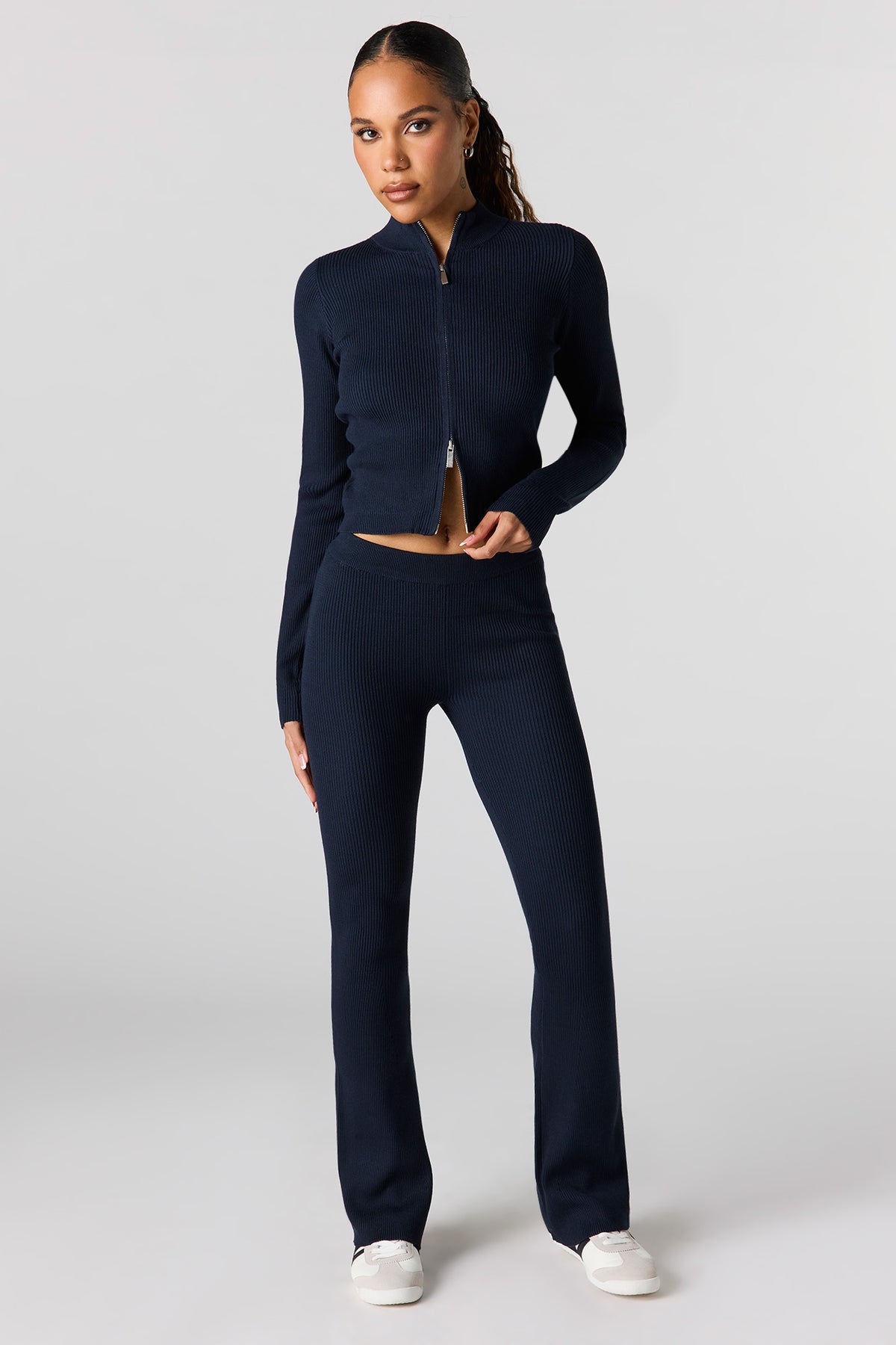 Alt View 3. Ribbed 2-Way Zip-Up Long Sleeve Top - Navy