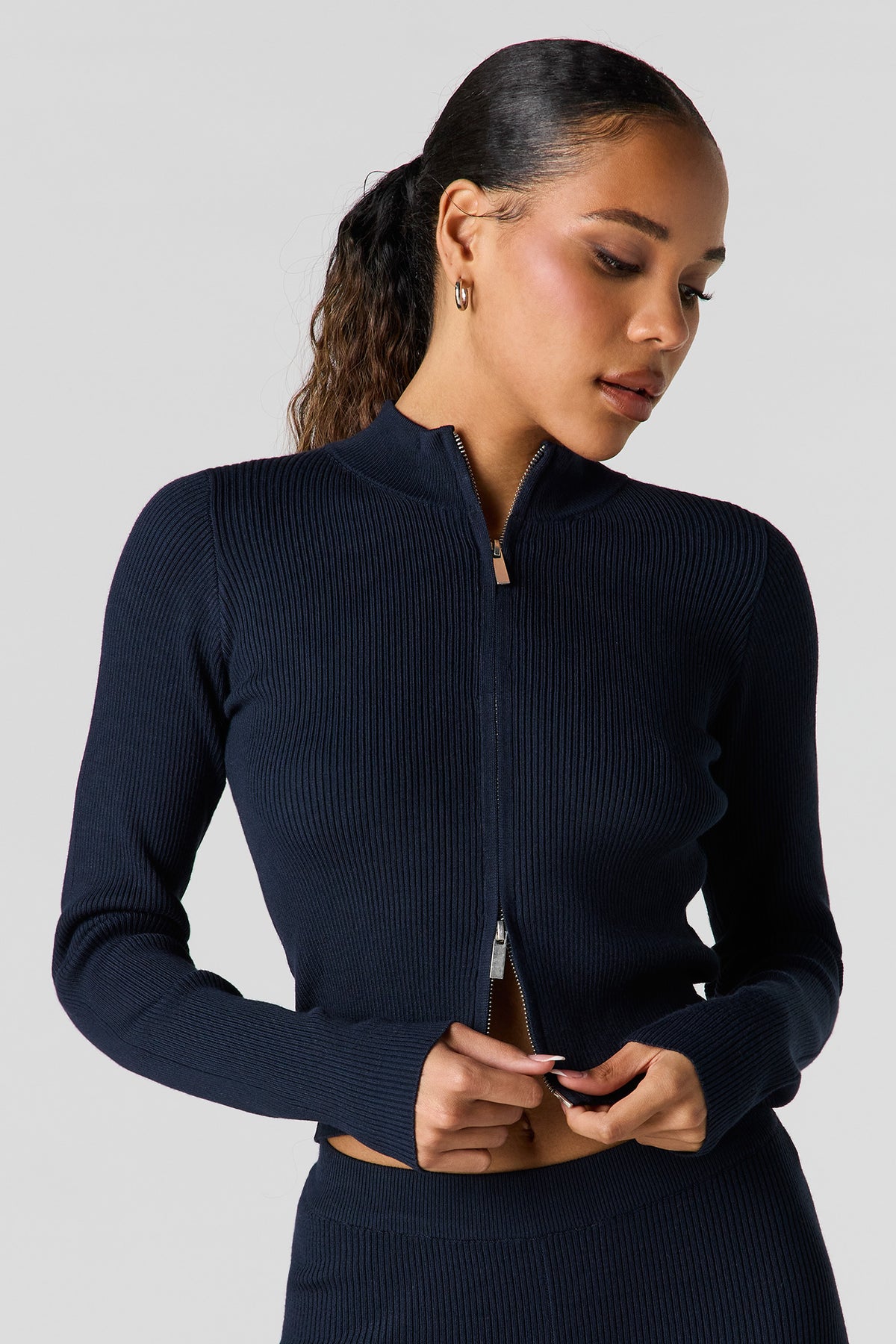 Alt View 4. Ribbed 2-Way Zip-Up Long Sleeve Top - Navy