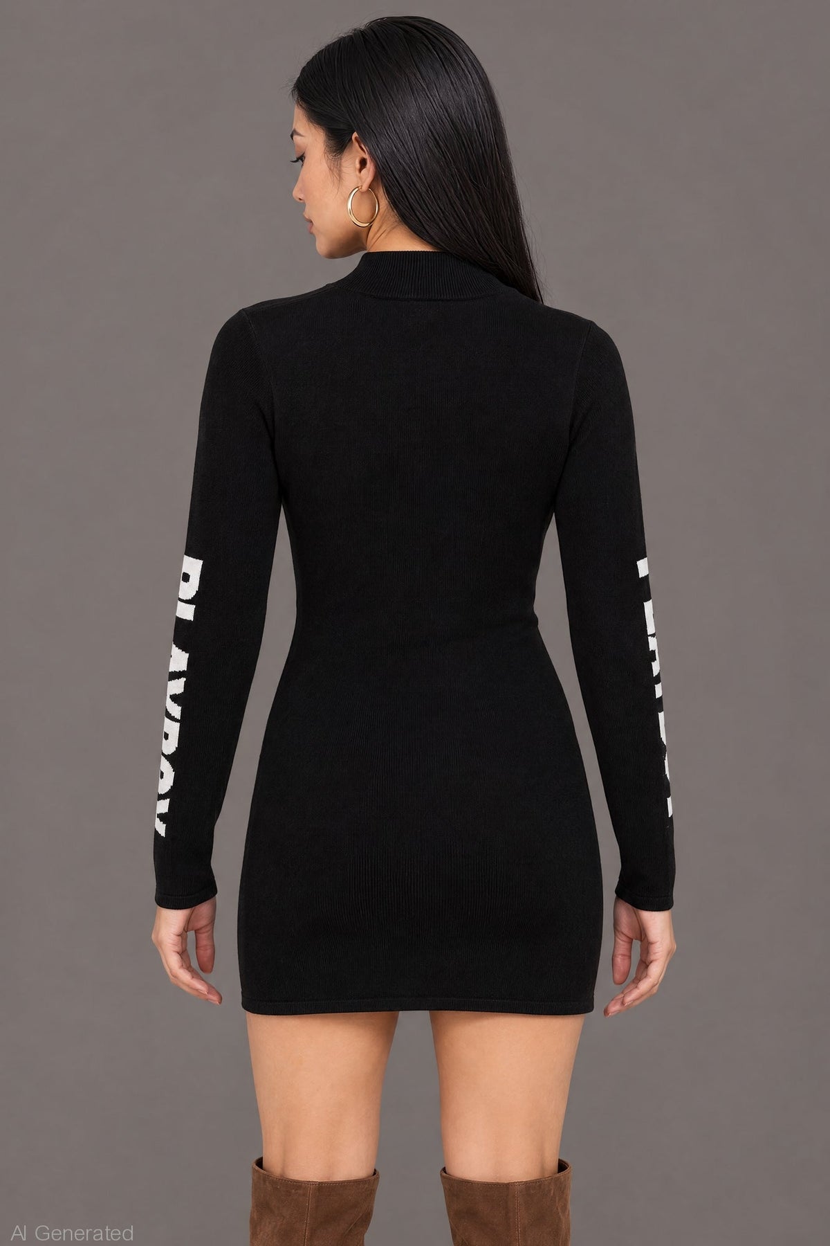 Alt View 2. Playboy Rhinestone Graphic Long Sleeve Sweater Mini Dress - Black