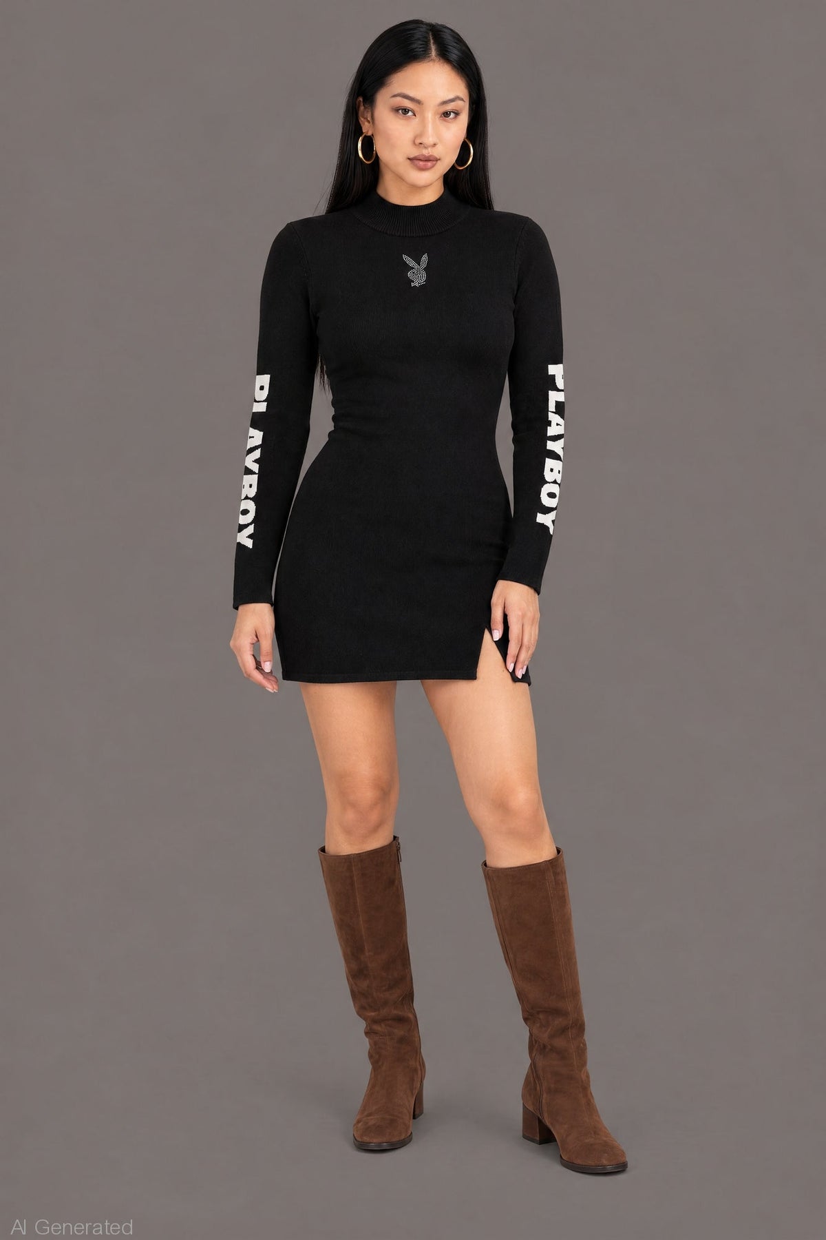 Alt View 3. Playboy Rhinestone Graphic Long Sleeve Sweater Mini Dress - Black