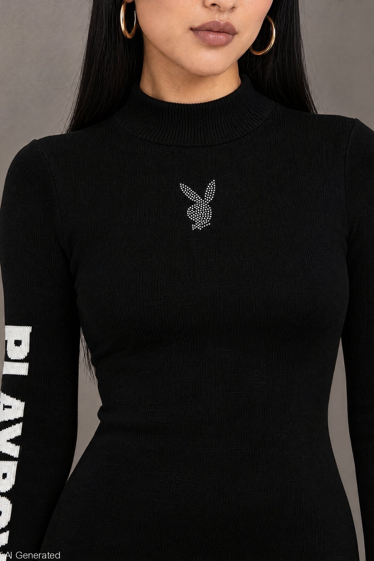 Alt View 4. Playboy Rhinestone Graphic Long Sleeve Sweater Mini Dress - Black