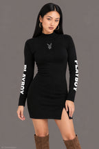 Playboy Rhinestone Graphic Long Sleeve Sweater Mini Dress