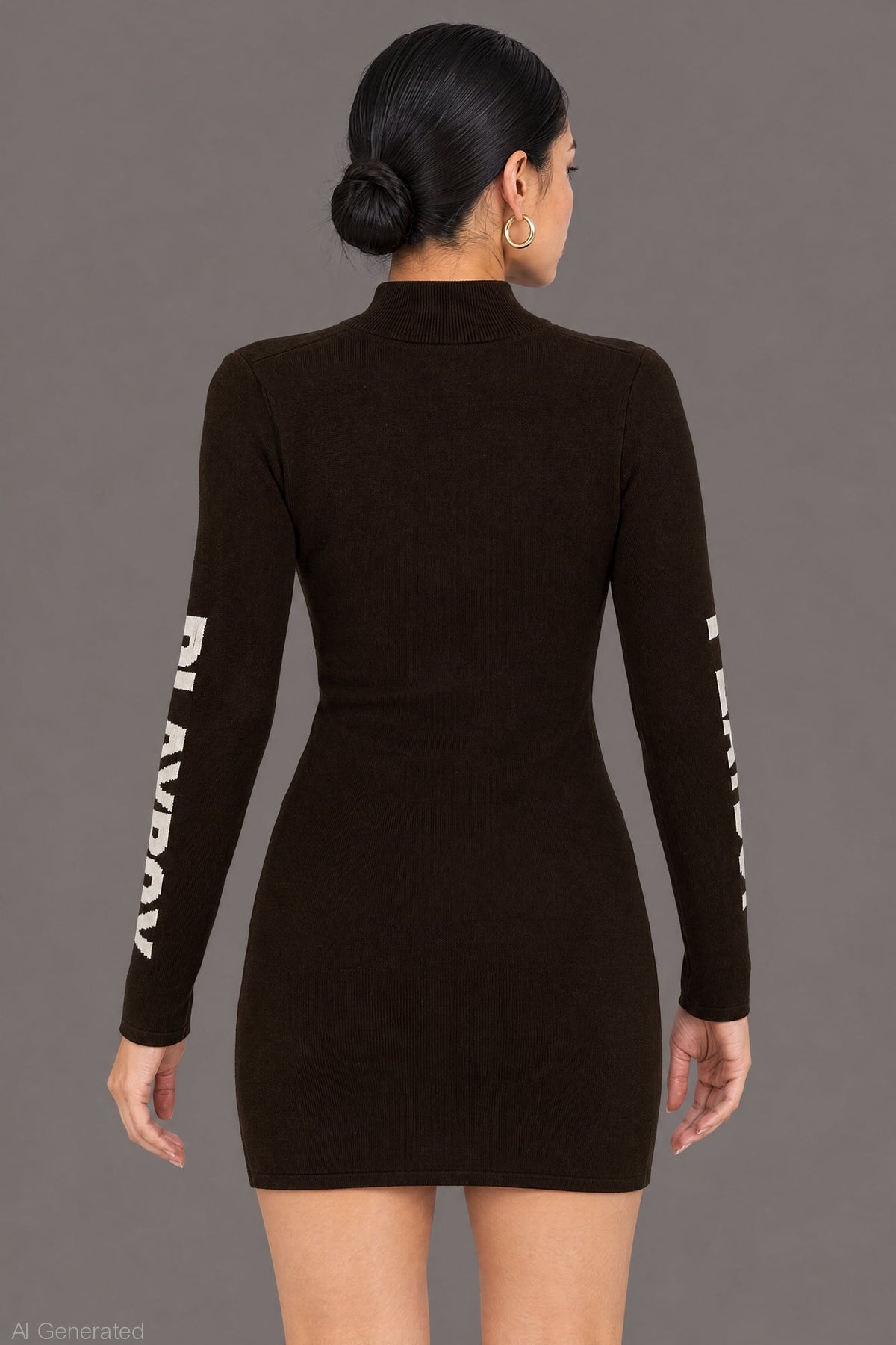 Alt View 2. Playboy Rhinestone Graphic Long Sleeve Sweater Mini Dress - Brown