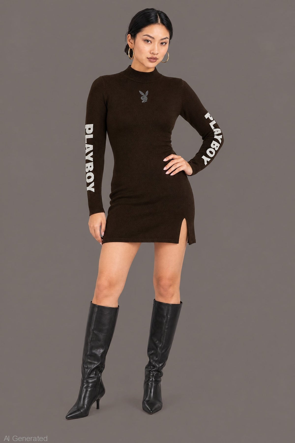 Alt View 3. Playboy Rhinestone Graphic Long Sleeve Sweater Mini Dress - Brown