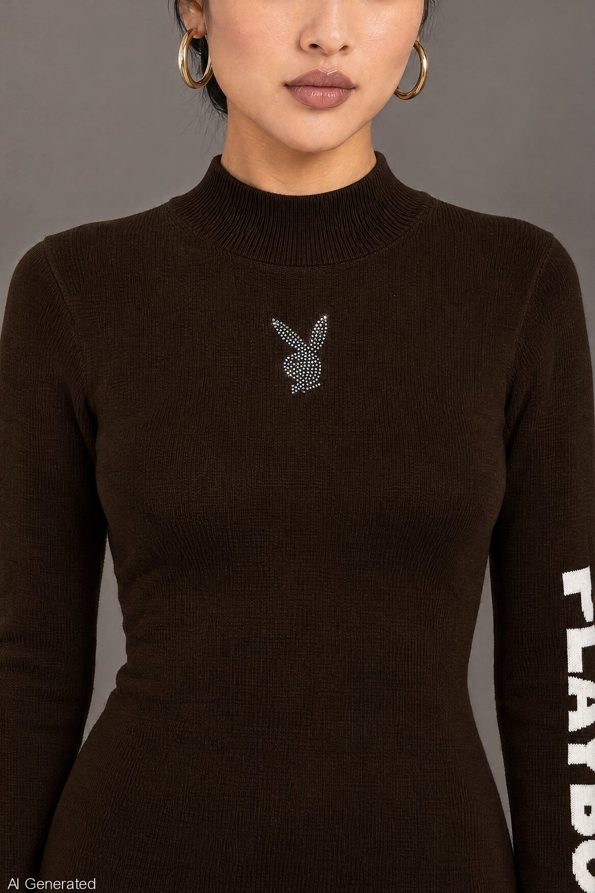 Alt View 4. Playboy Rhinestone Graphic Long Sleeve Sweater Mini Dress - Brown