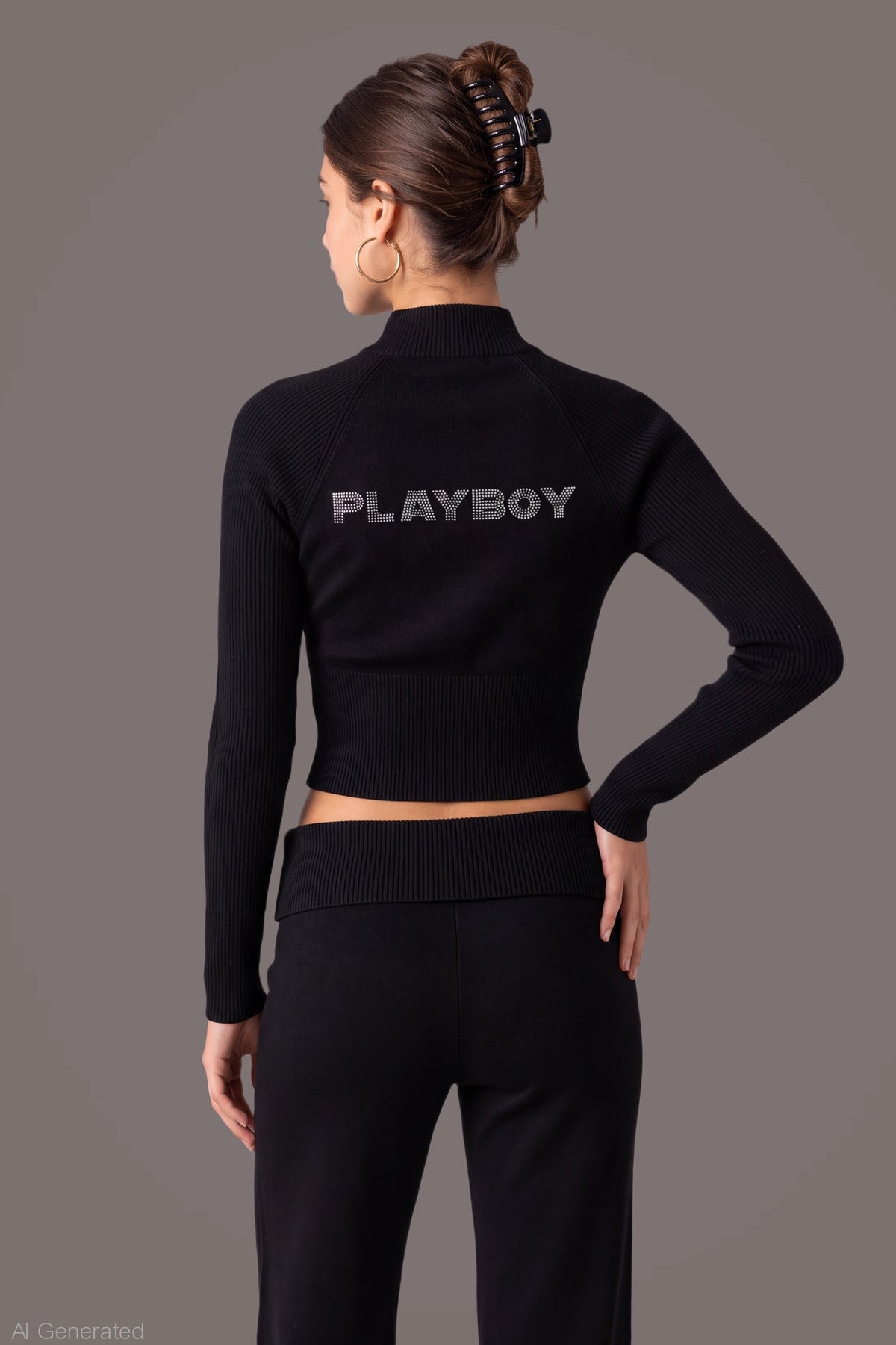 Alt View 2. Playboy Rhinestone Zip Sweater - Black