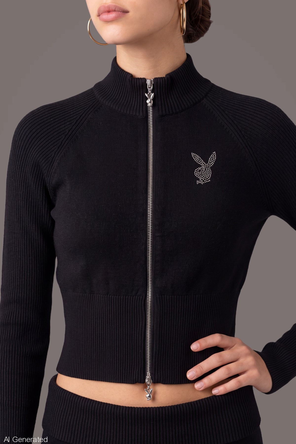 Alt View 4. Playboy Rhinestone Zip Sweater - Black