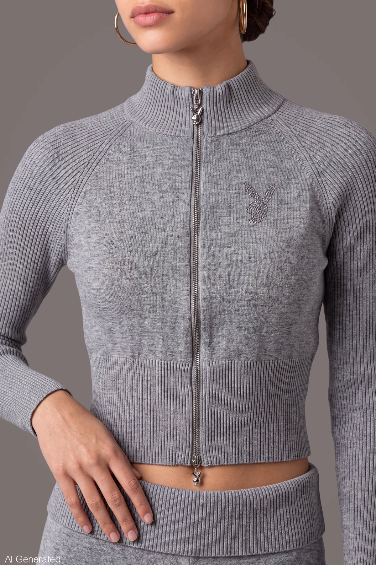 Alt View 4. Playboy Rhinestone Zip Sweater - Heather Grey