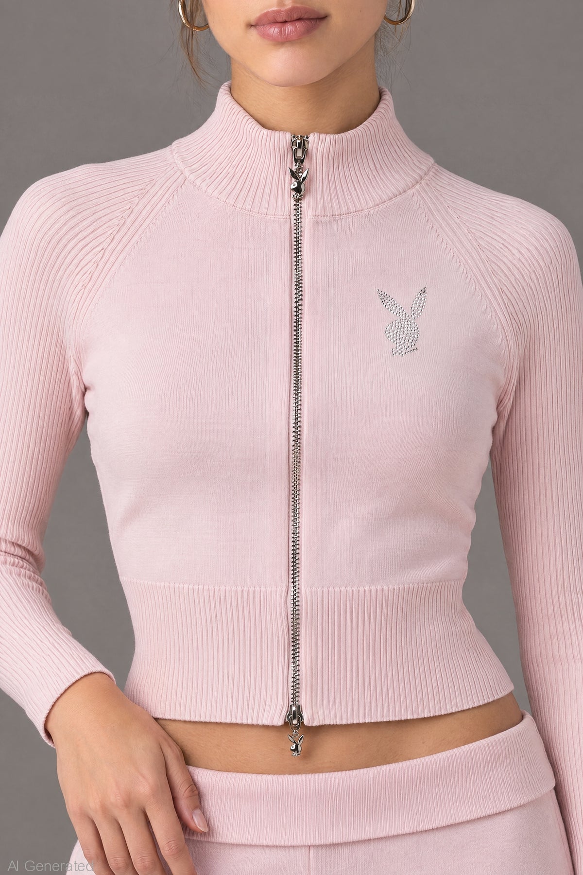 Alt View 4. Playboy Rhinestone Zip Sweater - Light Pink