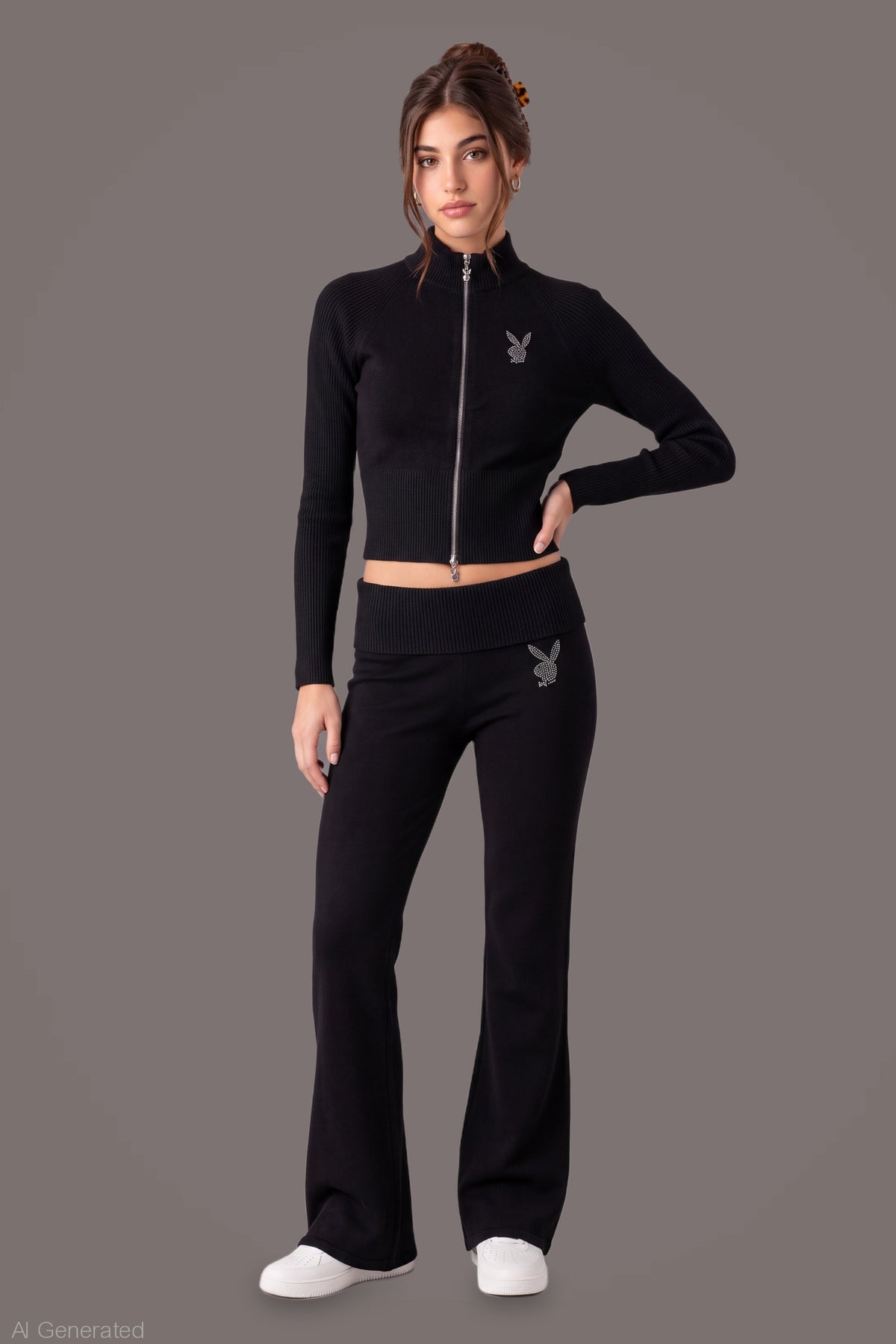 Playboy Rhinestone Flare Pant - Black