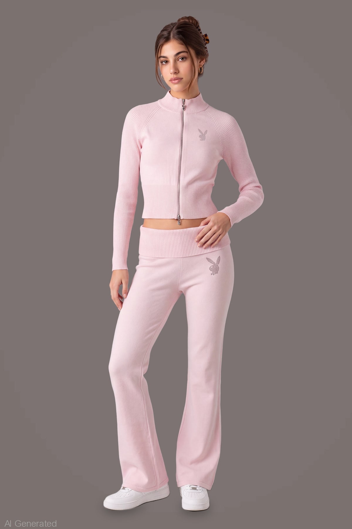 Playboy Rhinestone Flare Pant - Light Pink