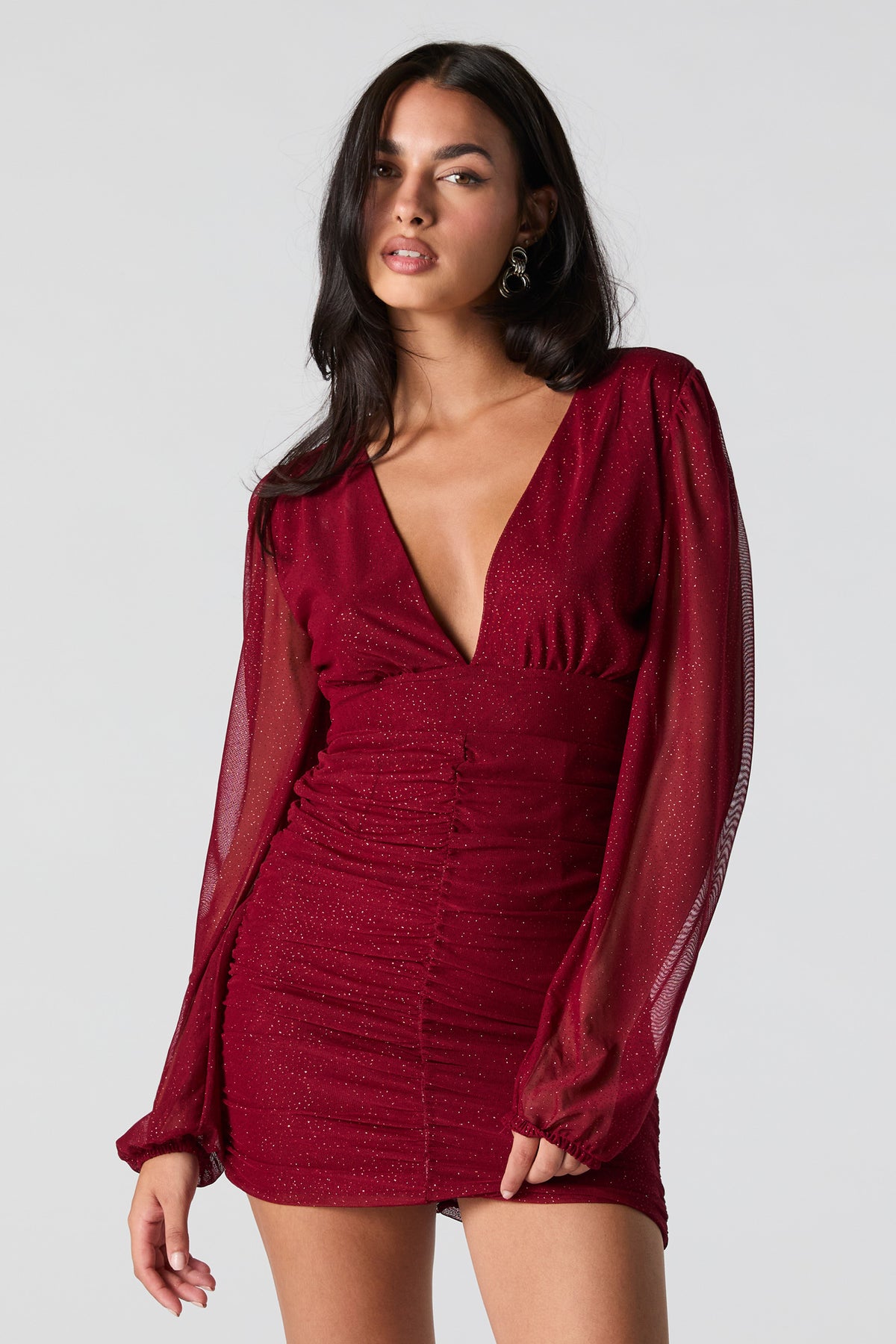 Sparkle Mesh Plunging Ruched Mini Dress