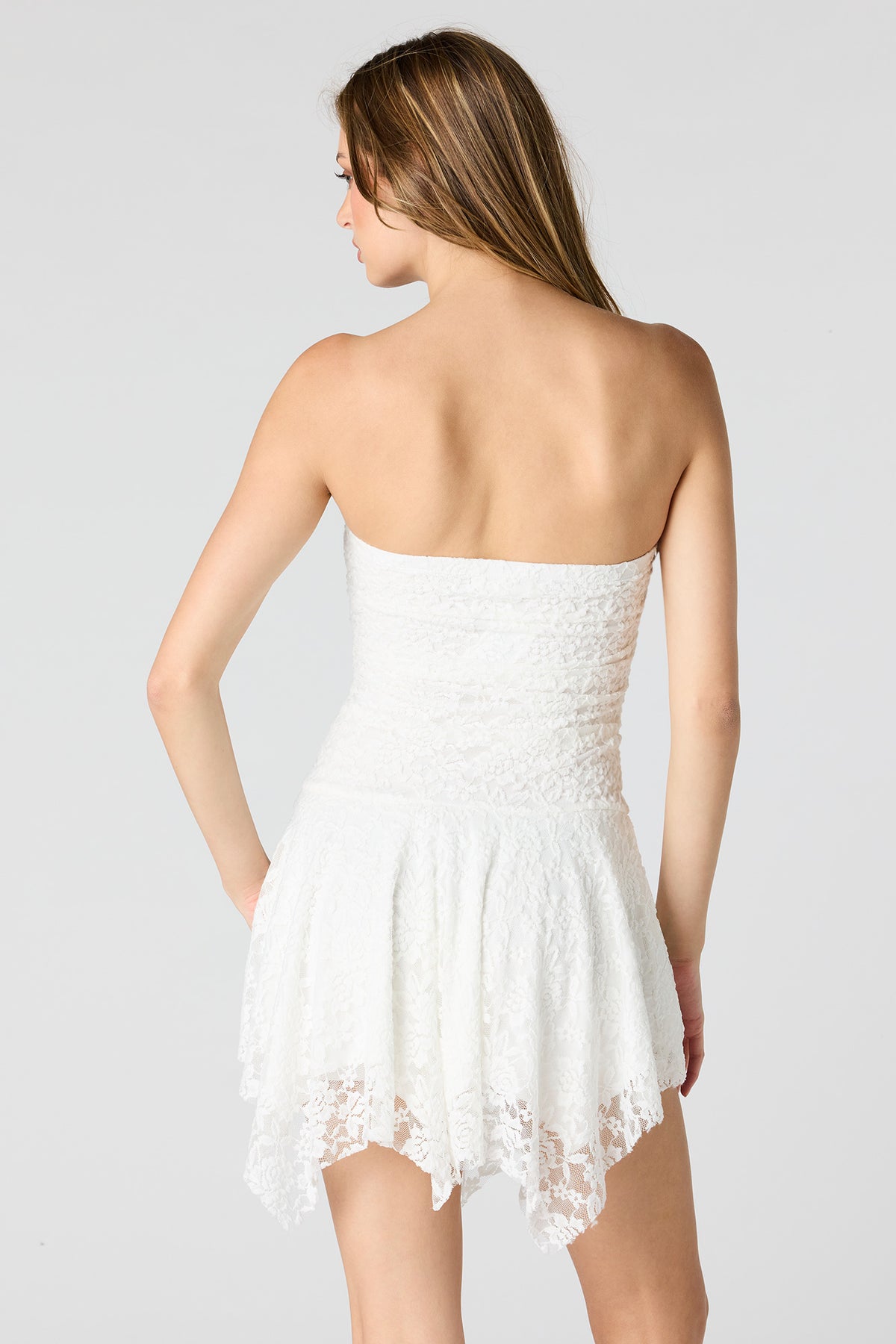 Alt View 2. Braless Lace Asymmetrical Mini Dress - White