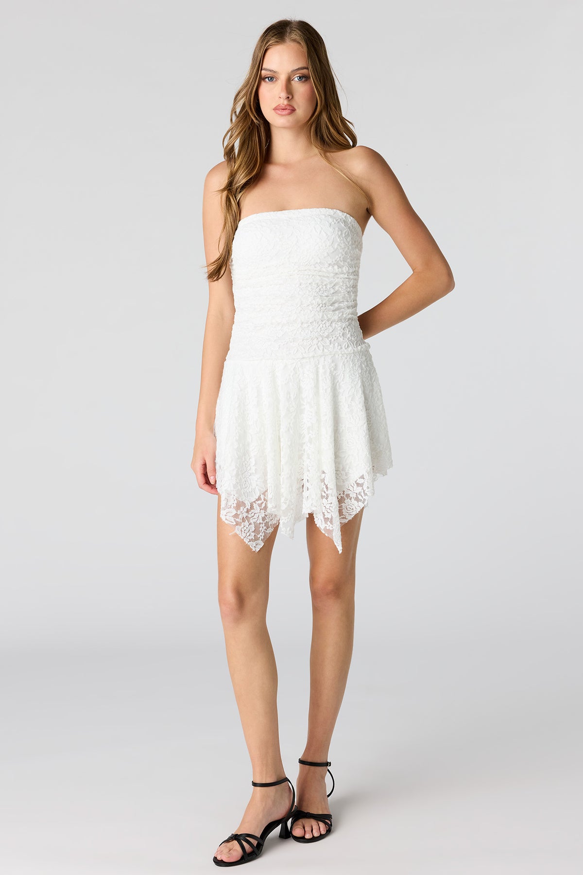 Alt View 3. Braless Lace Asymmetrical Mini Dress - White