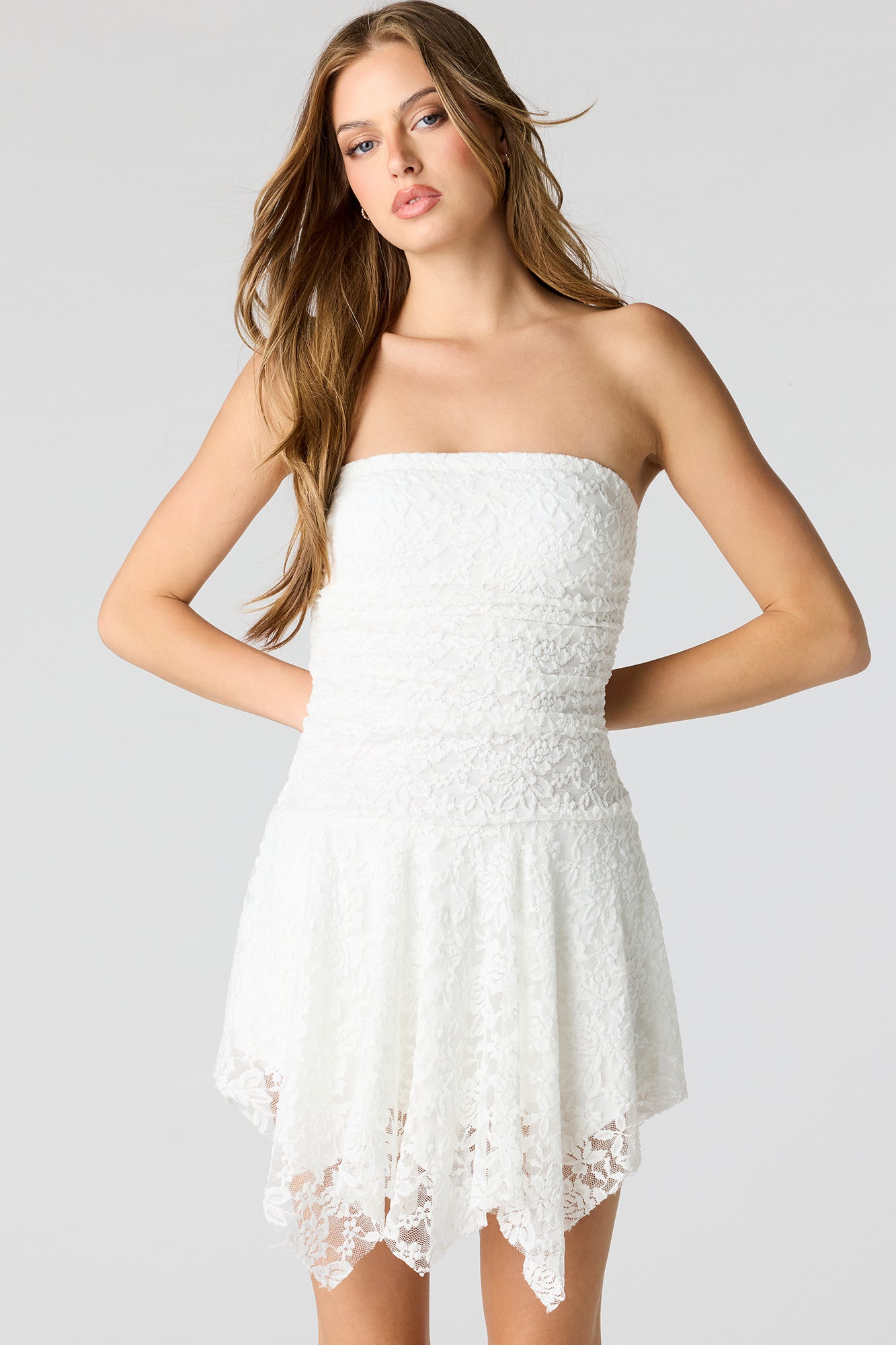 charlotte russe white dress VTG Floral Lace Long Sleeve Mini Scoop Back Large 16 pit to pit 23 pit to bottom hem Womens small NEW with tags Braless Lace Asymmetrical Mini Dress