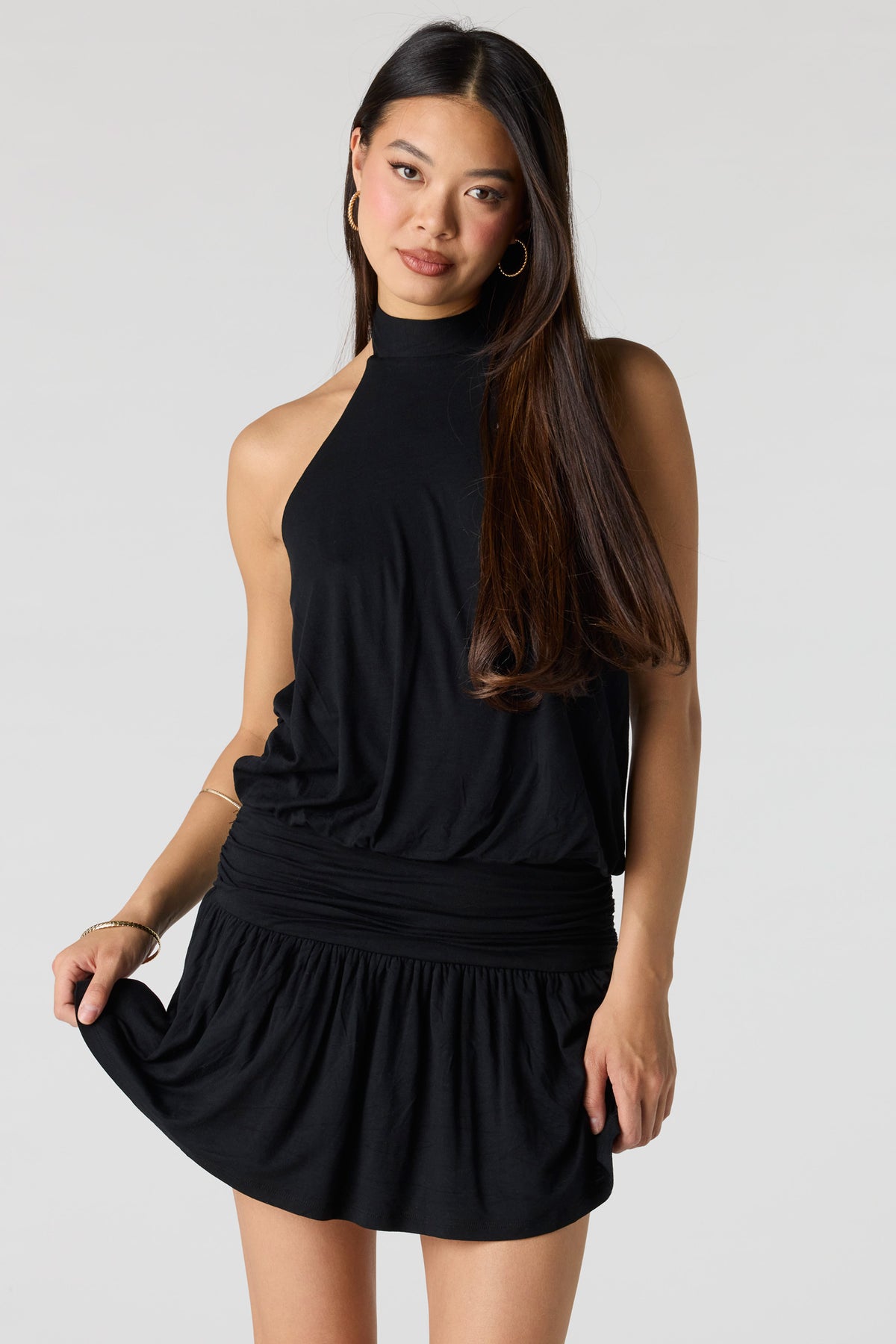 Draped Halter Mini Romper Dress - Black