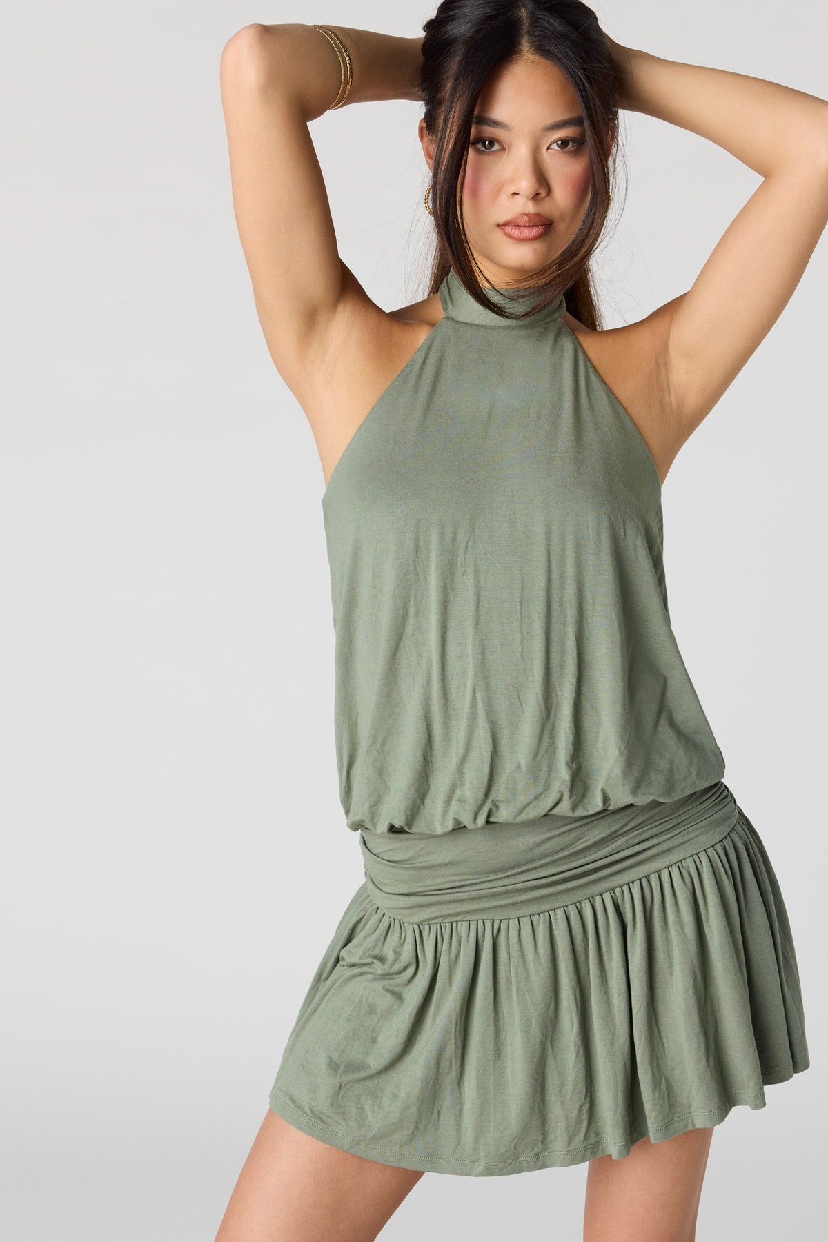 Draped Halter Mini Romper Dress - Dark Green