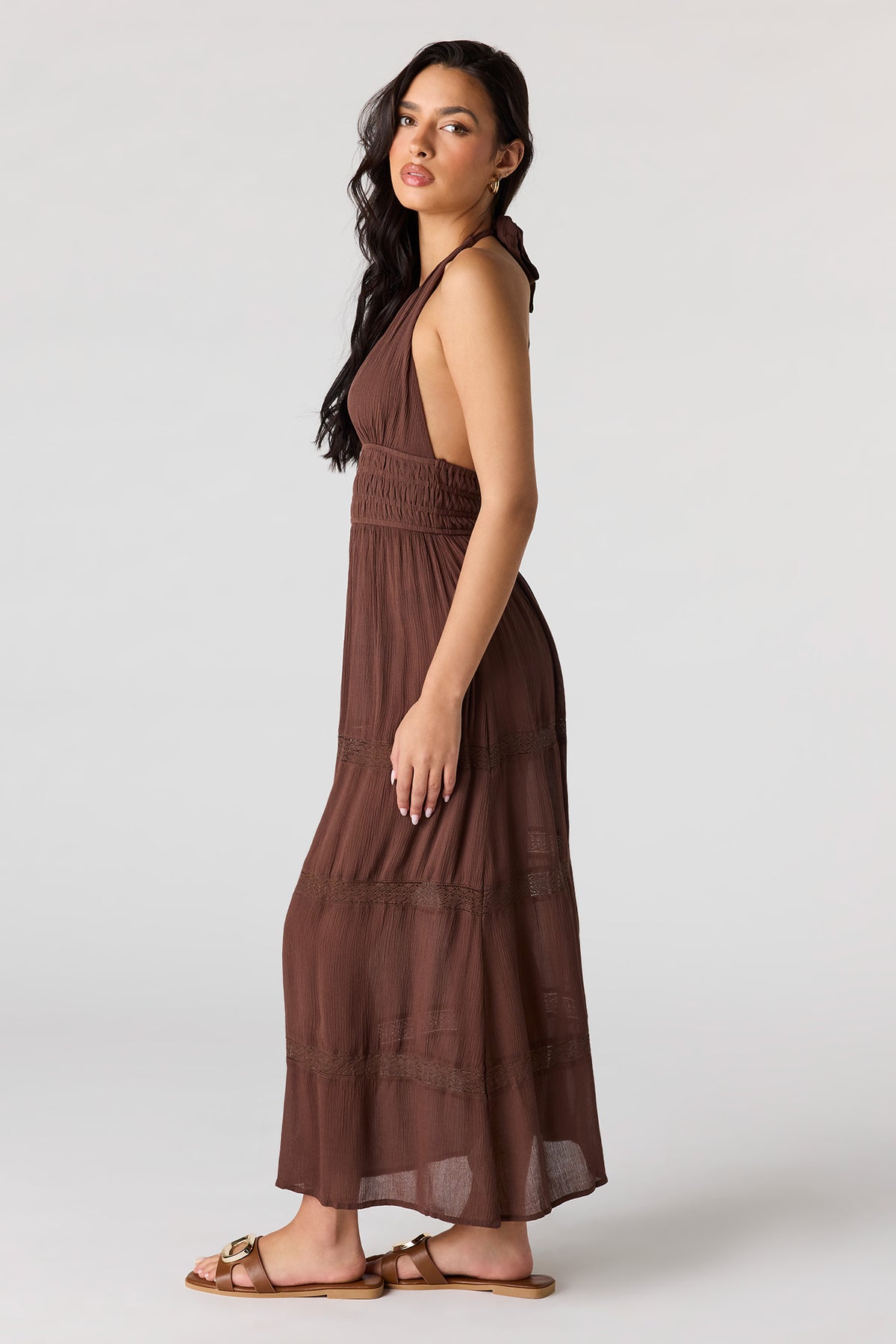 Alt View 2. Lace Trim Halter Maxi Dress - Brown