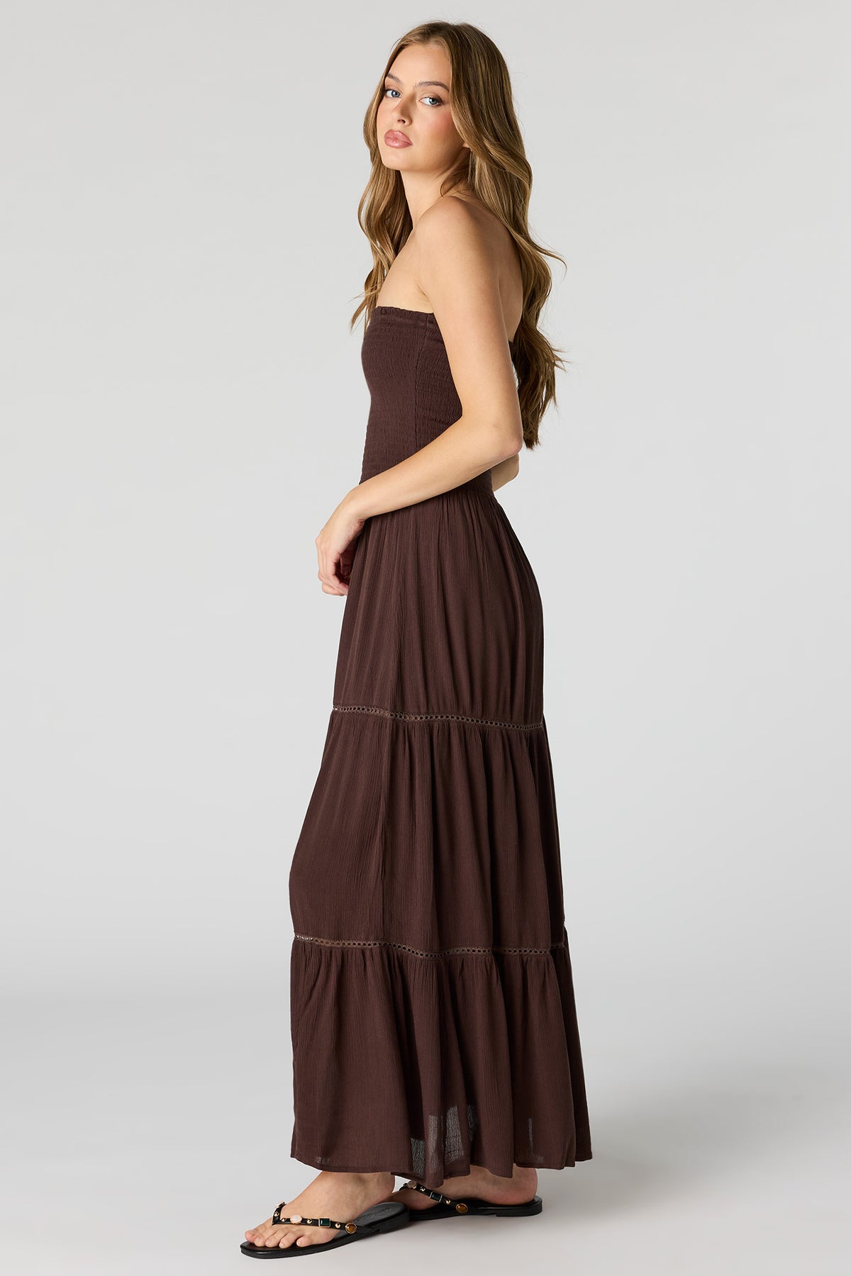 Alt View 2. Smocked Tiered Maxi Dress - Brown