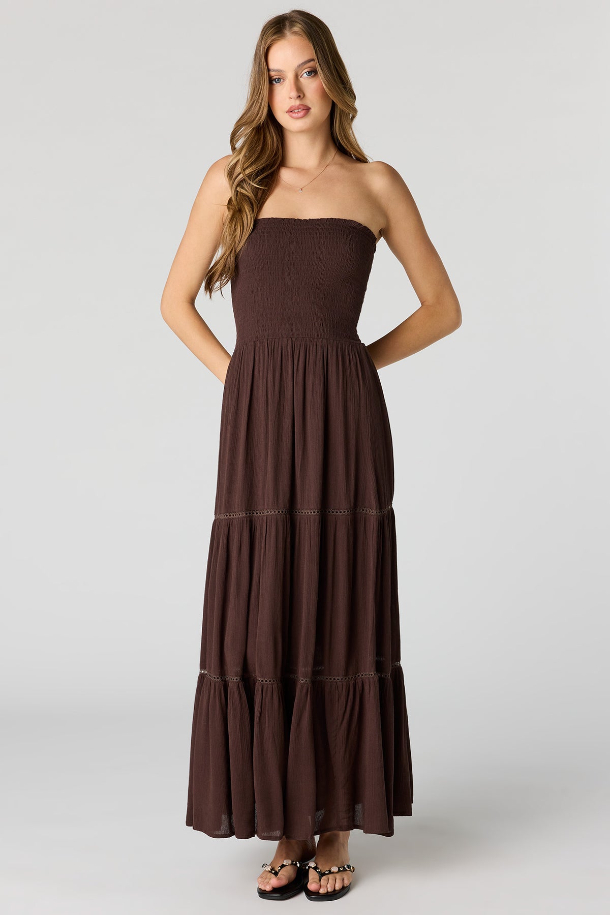 Smocked Tiered Maxi Dress - Brown