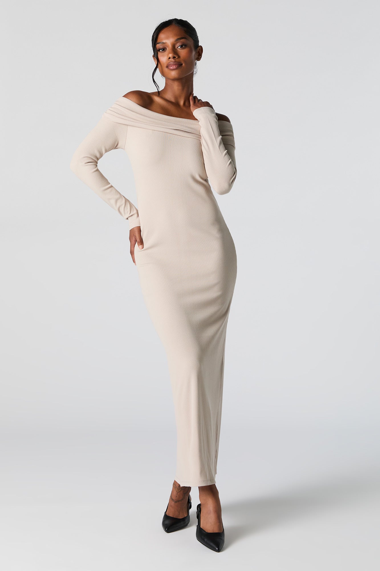 Ribbed Off Shoulder Long Sleeve Maxi Dress