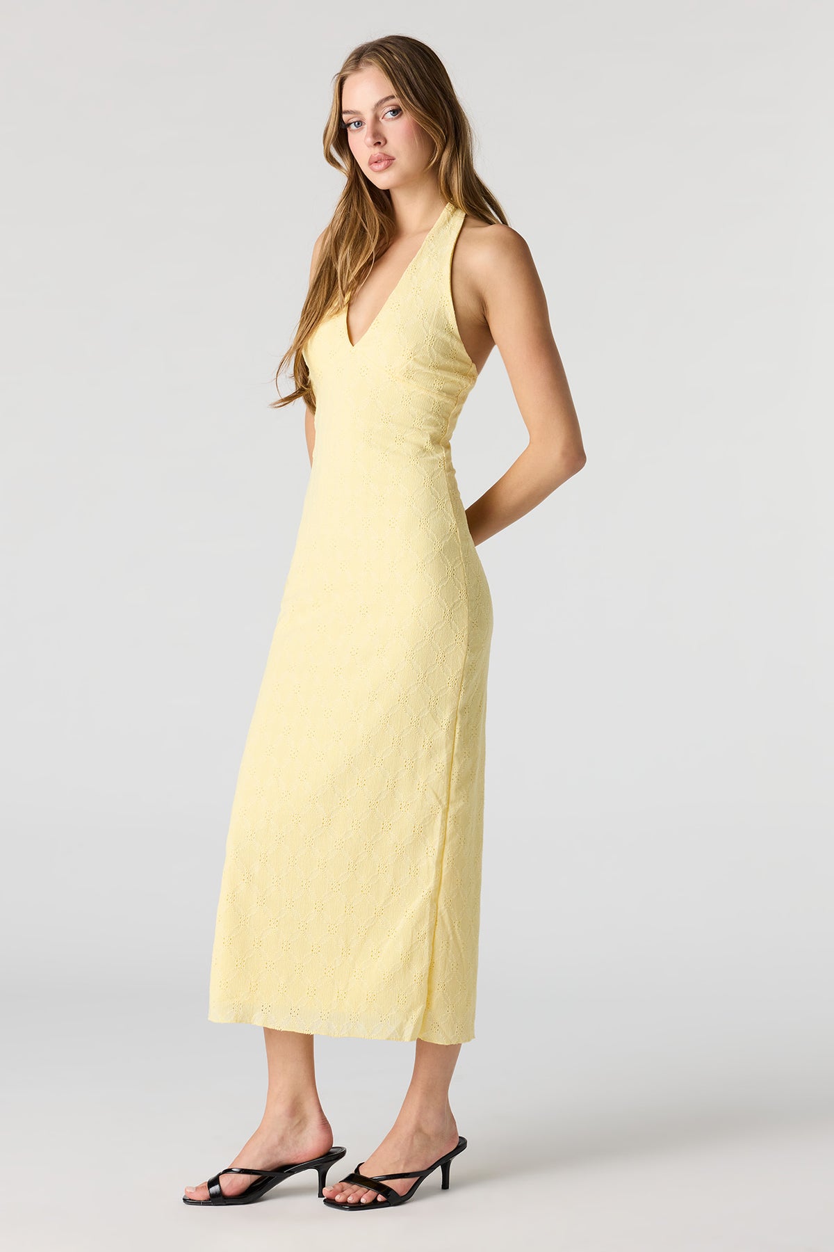 Alt View 2. Braless Textured Halter Midi Dress - Yellow