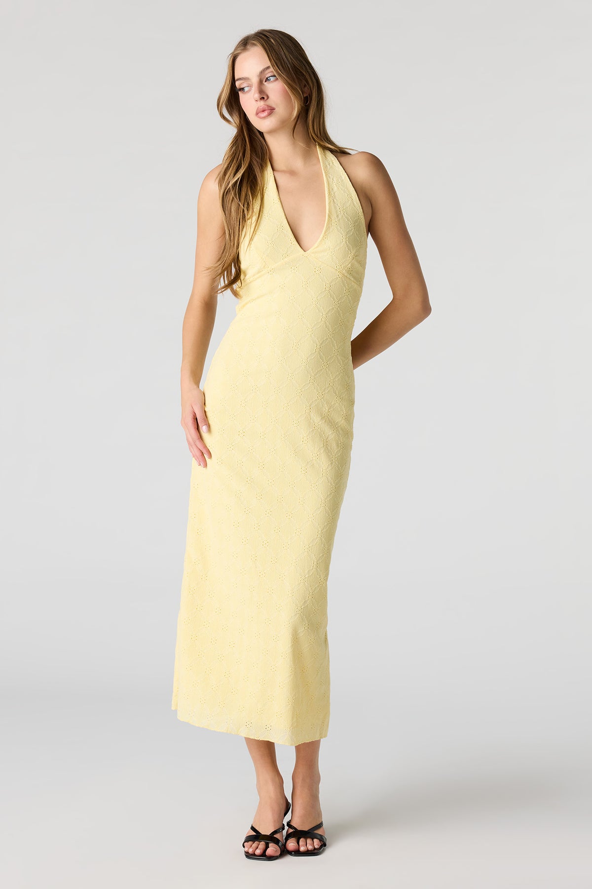 Alt View 4. Braless Textured Halter Midi Dress - Yellow