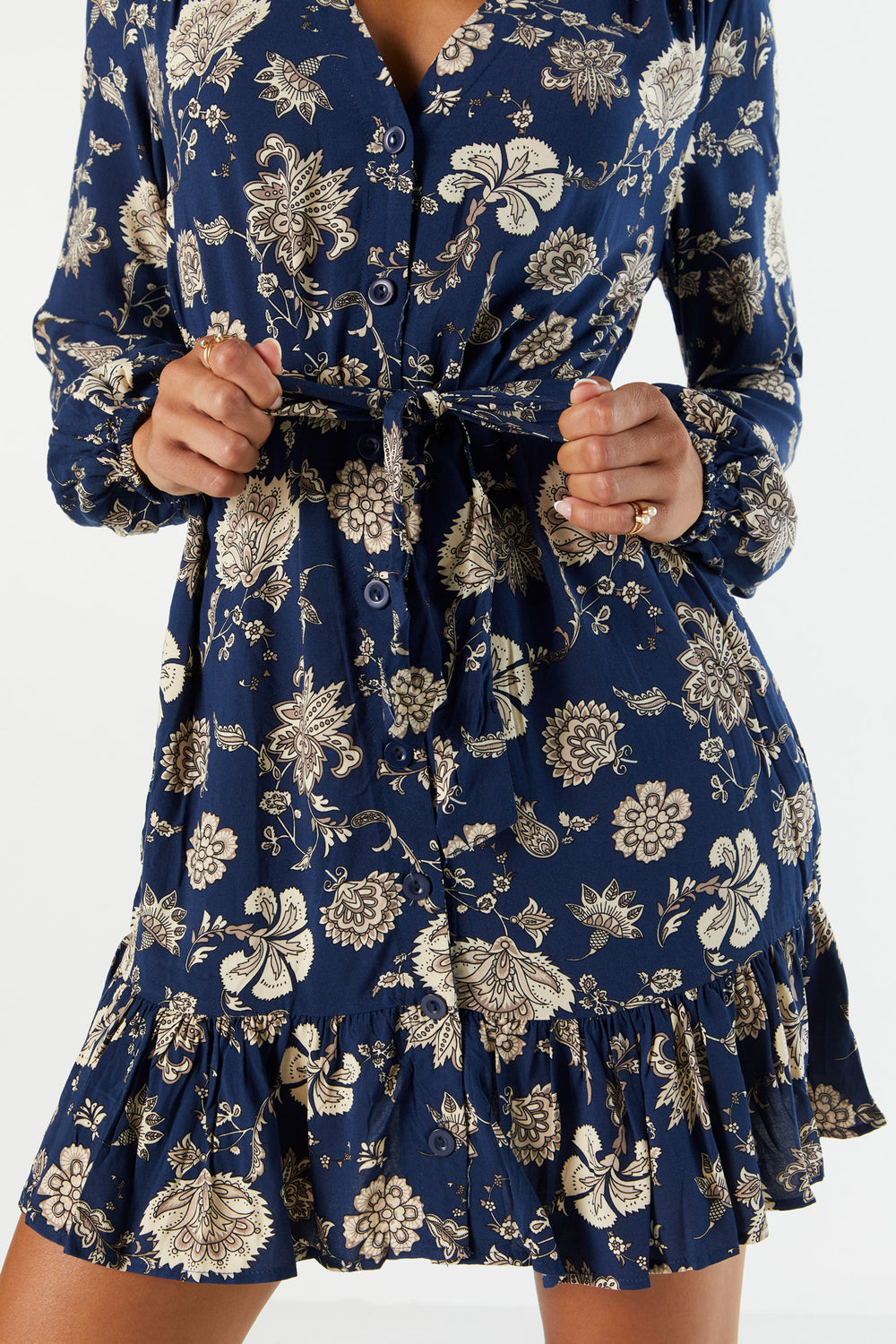 Blue Floral Print Belted Long Sleeve Dress Navy 4