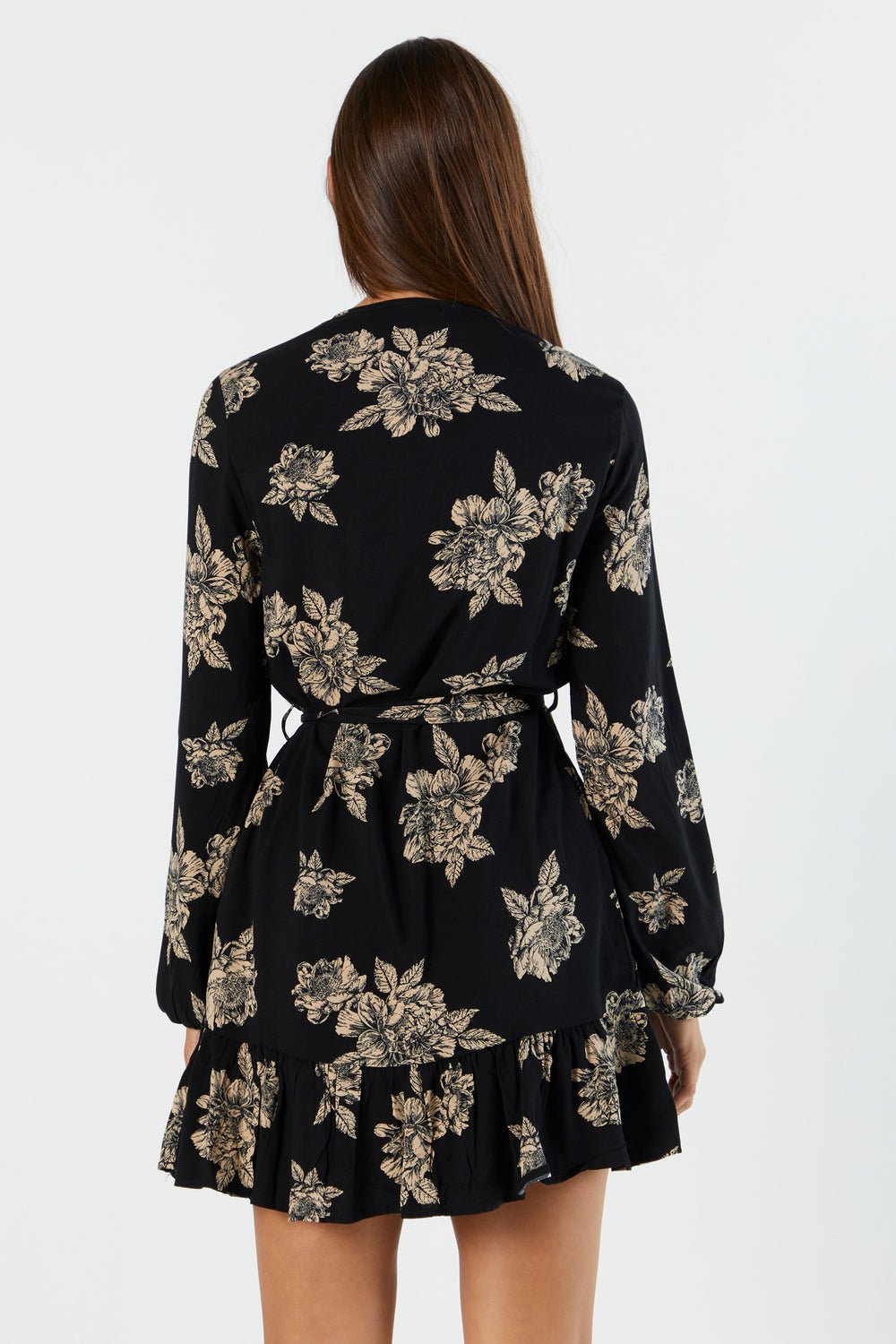 Black Floral Print Belted Long Sleeve Dress Black 2