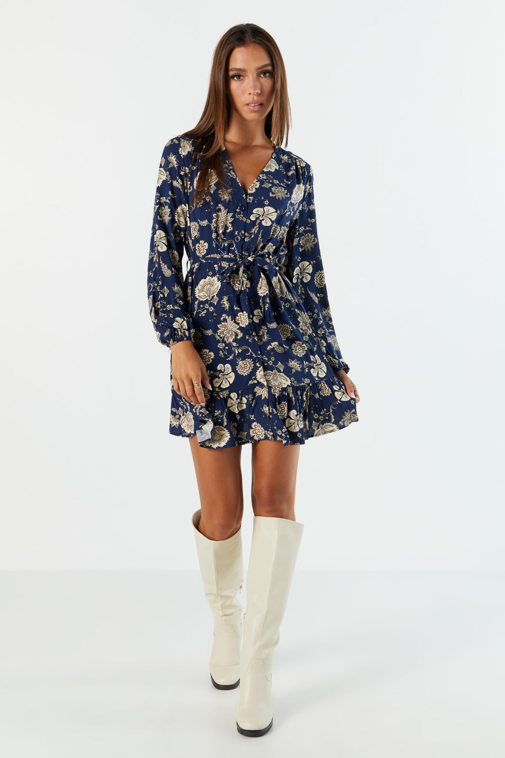 Blue Floral Print Belted Long Sleeve Dress Navy 3