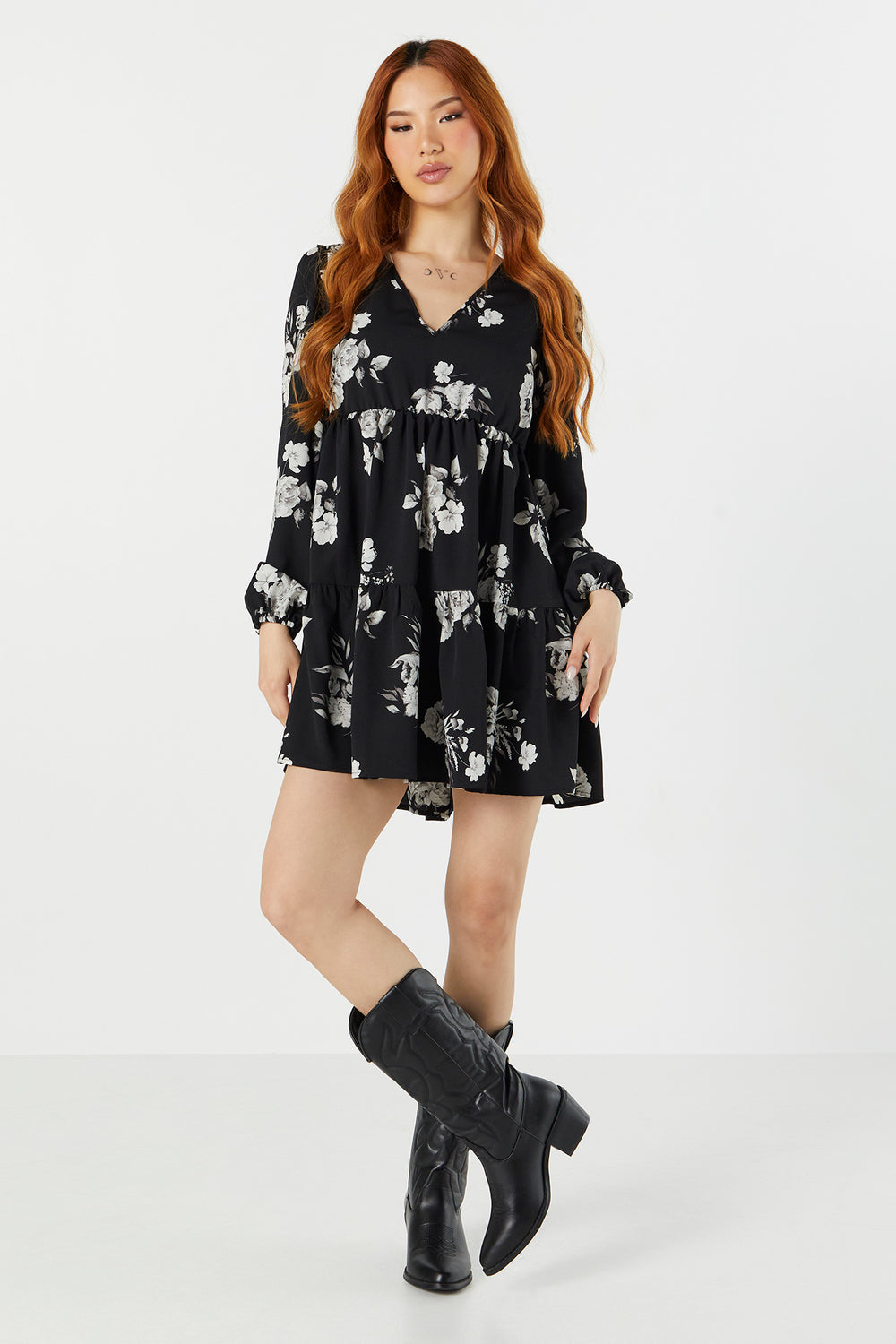 Black Floral Long Sleeve Tiered Babydoll Dress Black Floral Long Sleeve Tiered Babydoll Dress 3