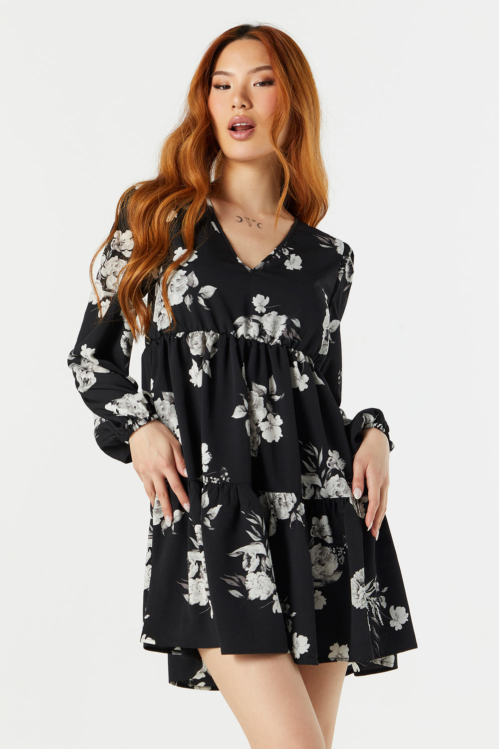 Black Floral Long Sleeve Tiered Babydoll Dress Black Floral Long Sleeve Tiered Babydoll Dress 1