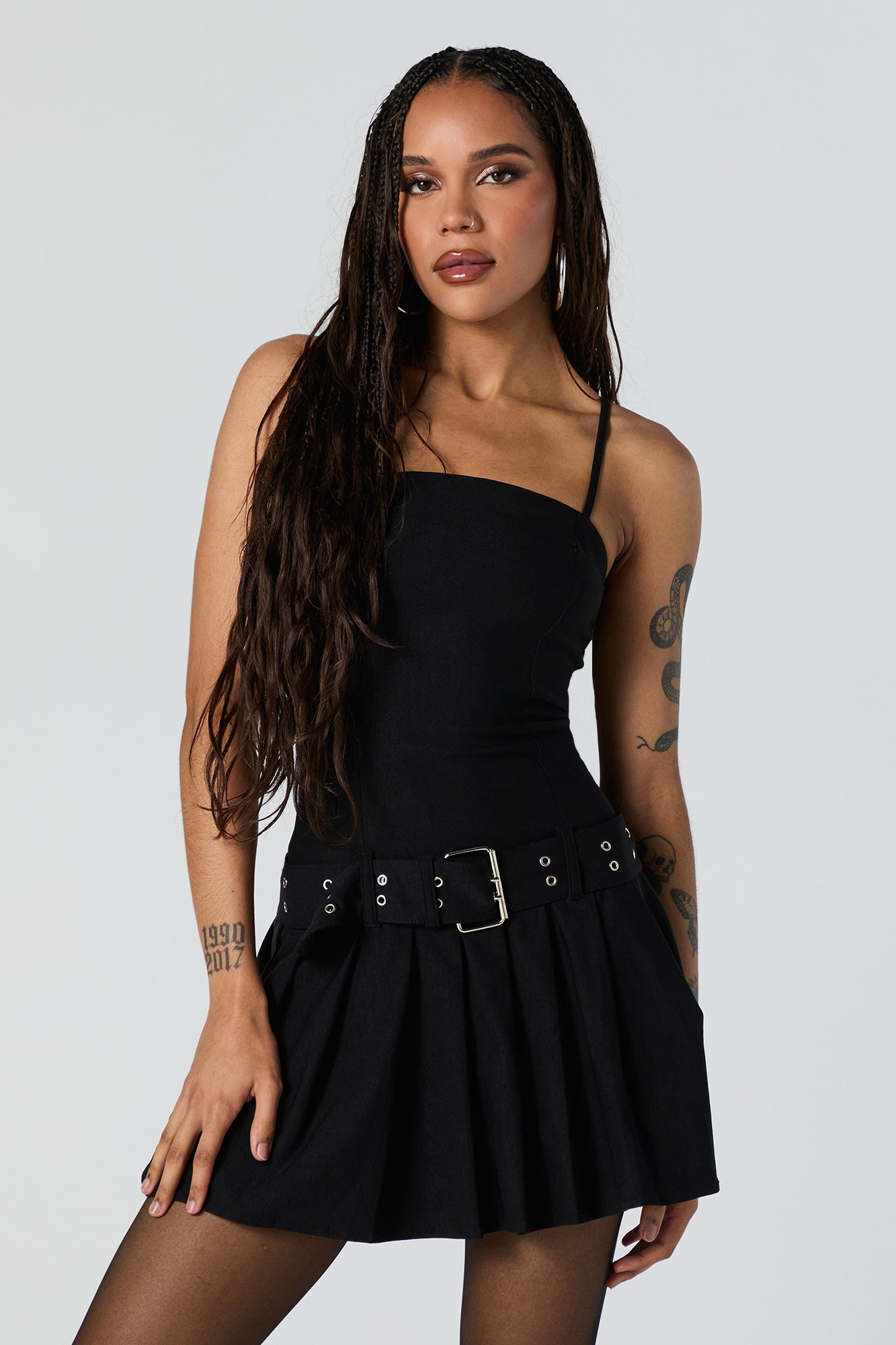 Pleated Belted Mini Dress