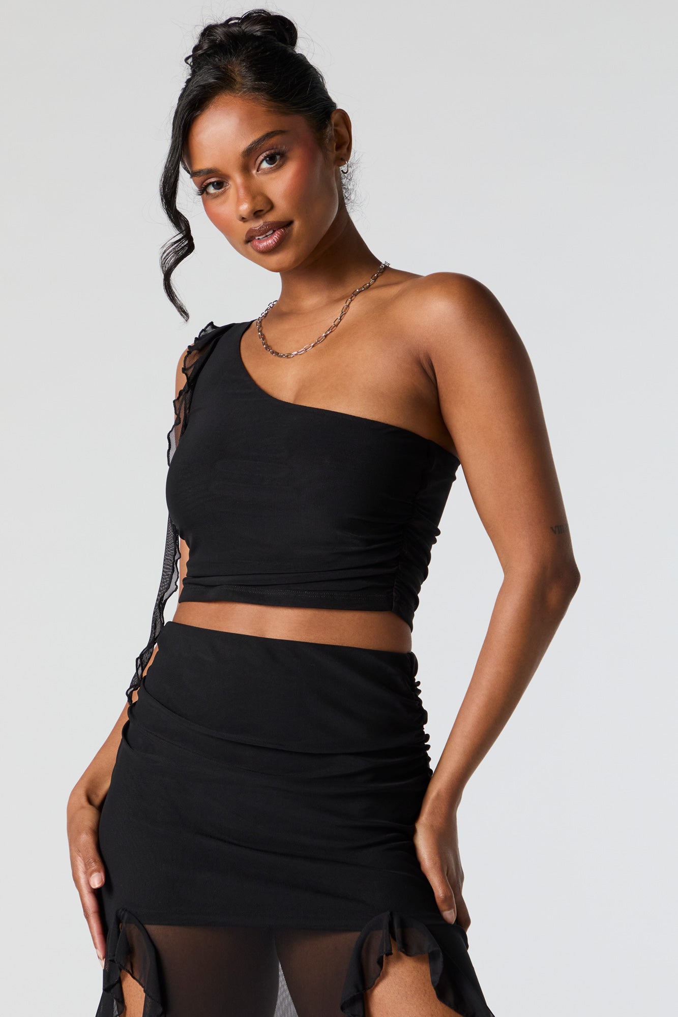 Mesh One Shoulder Ruffle Crop Top