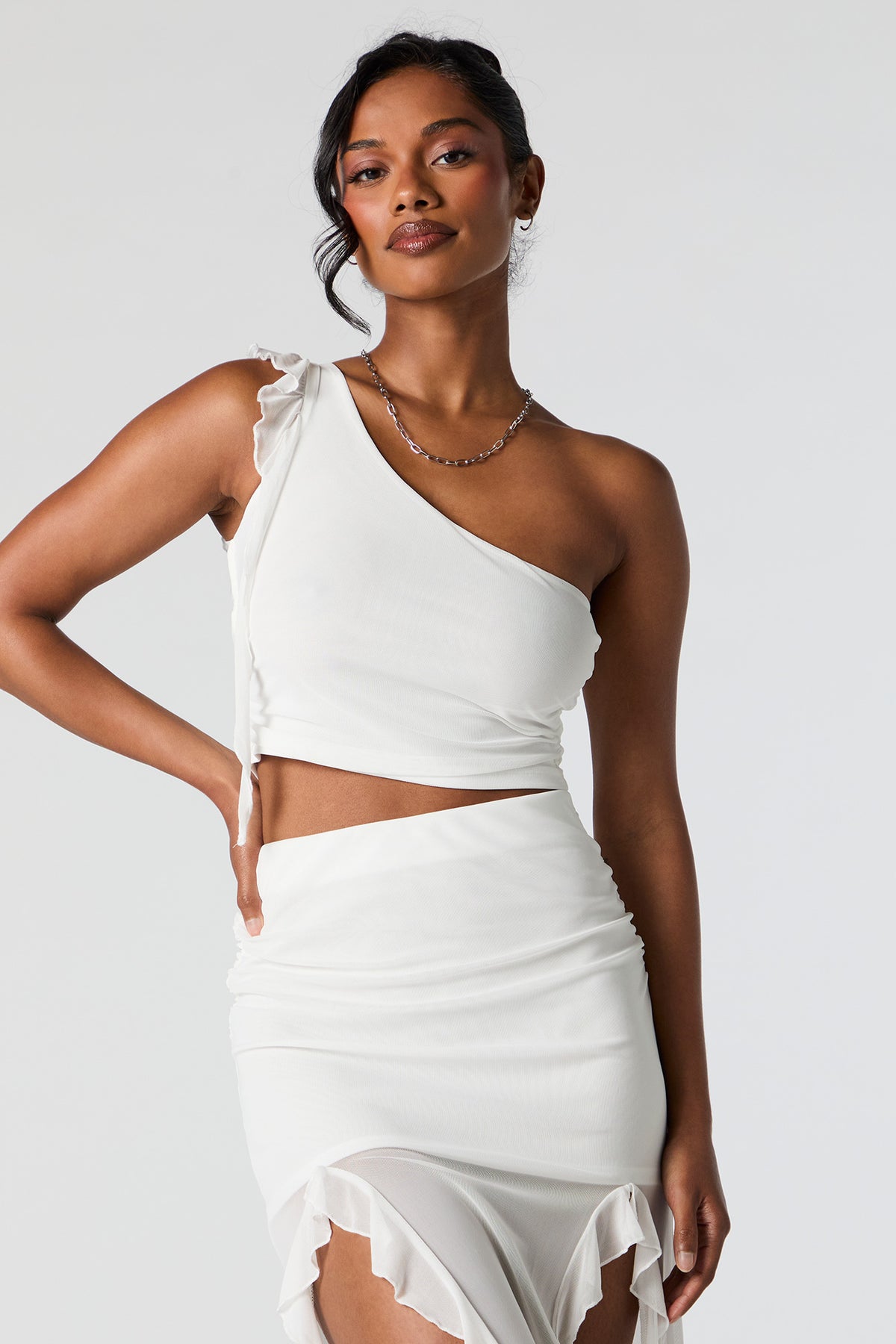 Mesh One Shoulder Ruffle Crop Top