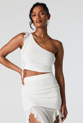 Mesh One Shoulder Ruffle Crop Top