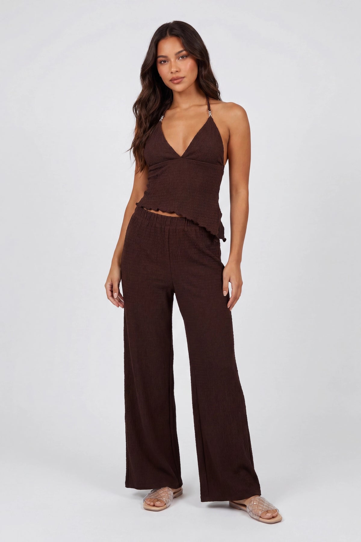Popcorn Wide Leg Pant - Brown