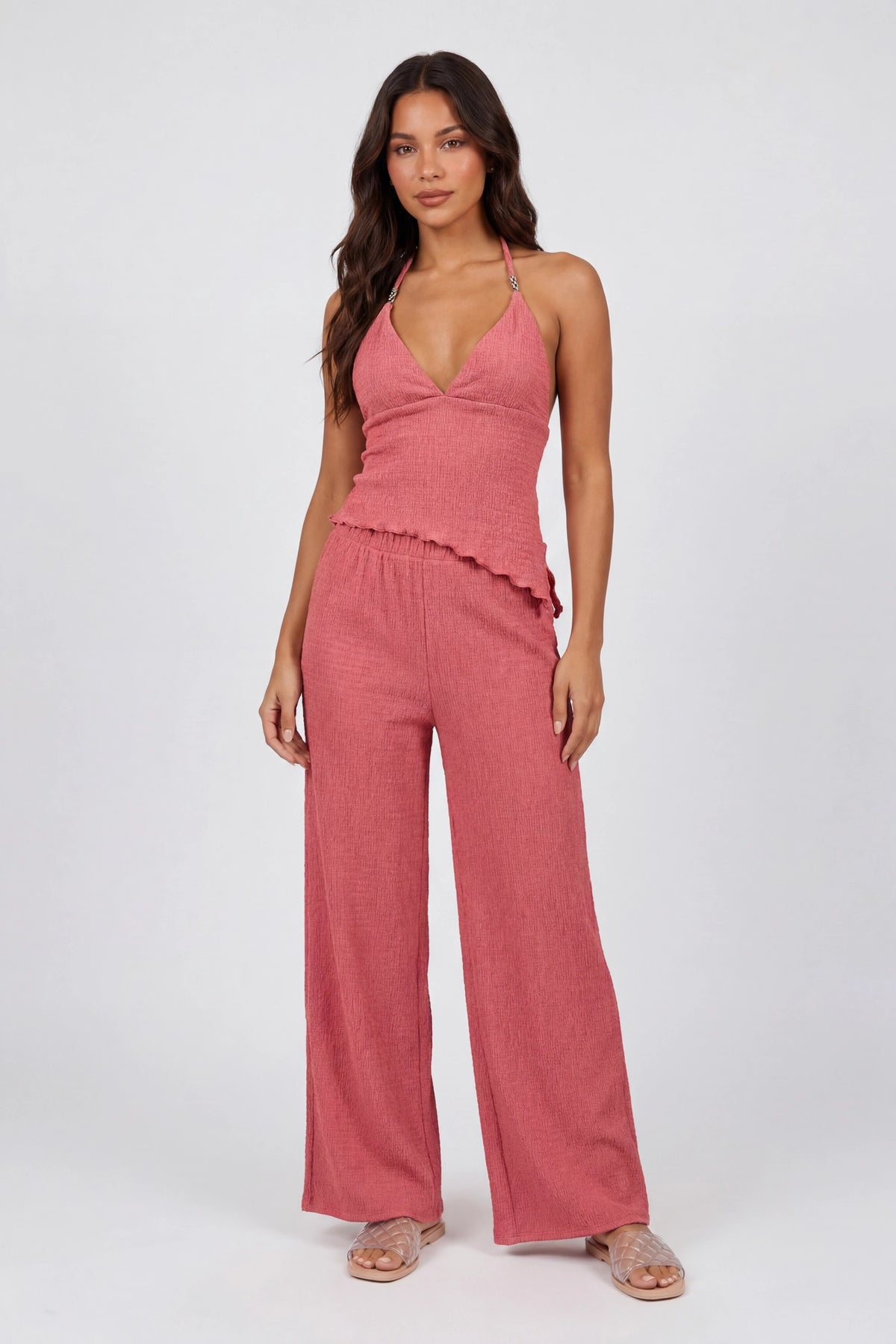 Popcorn Wide Leg Pant - Coral