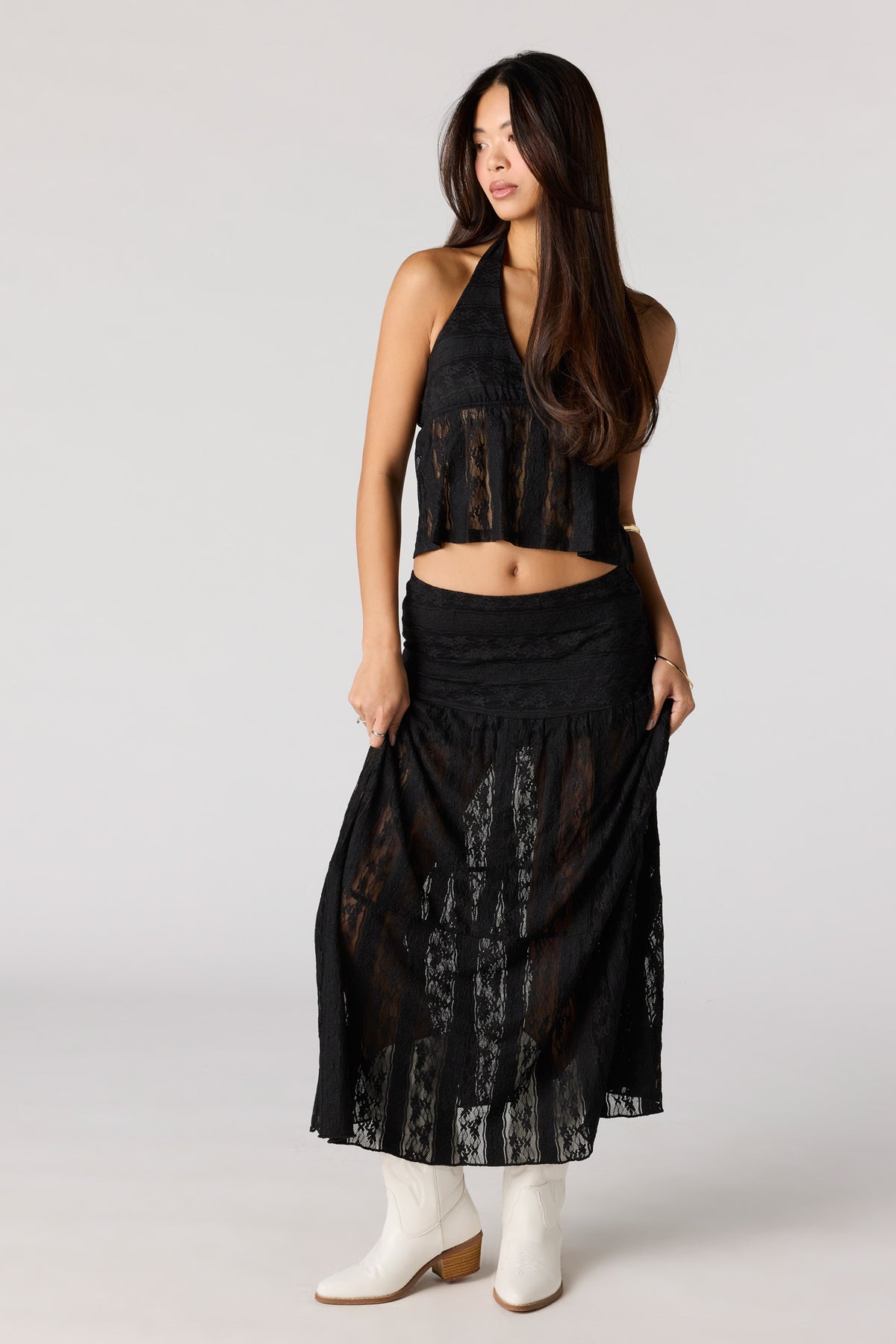 Alt View 3. Floral Lace Babydoll Halter Top - Black