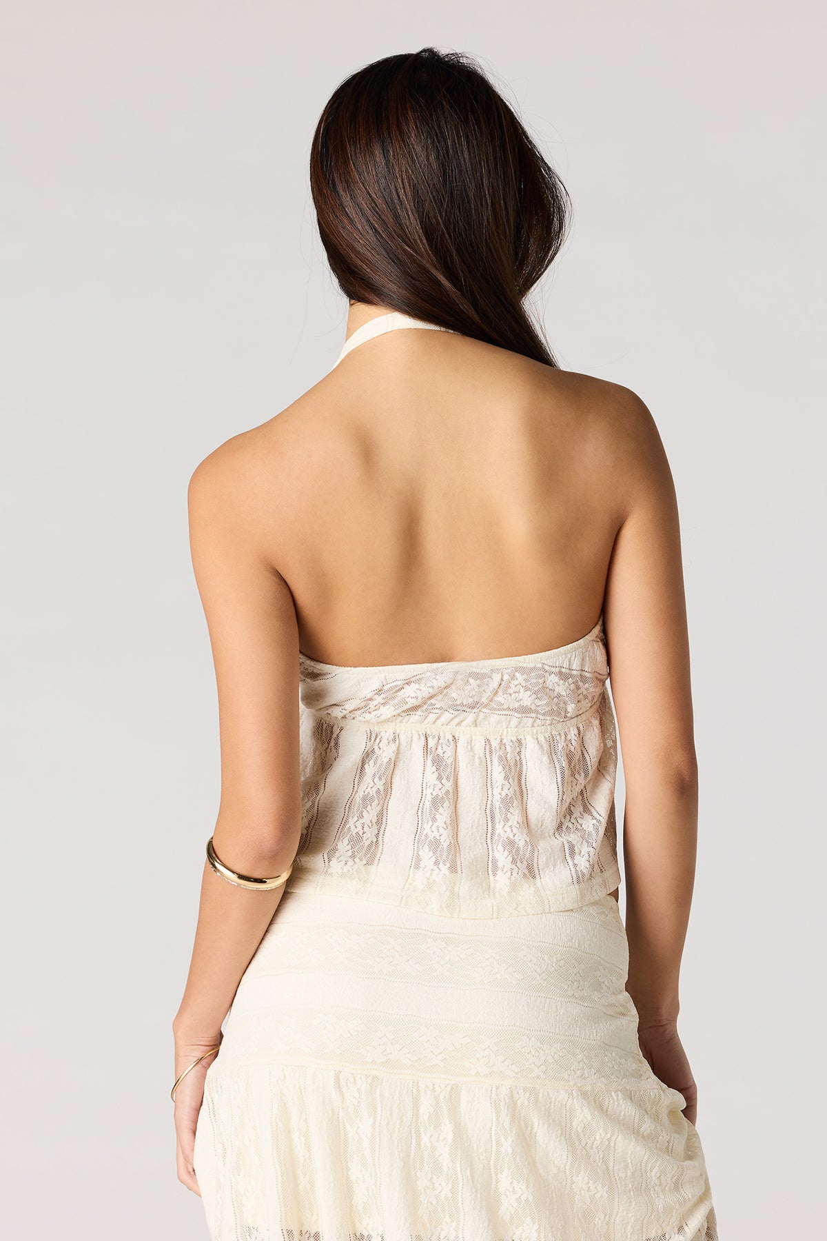 Alt View 2. Floral Lace Babydoll Halter Top - Ivory