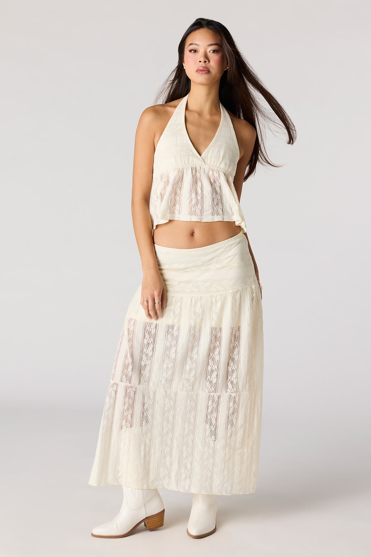 Alt View 3. Floral Lace Babydoll Halter Top - Ivory
