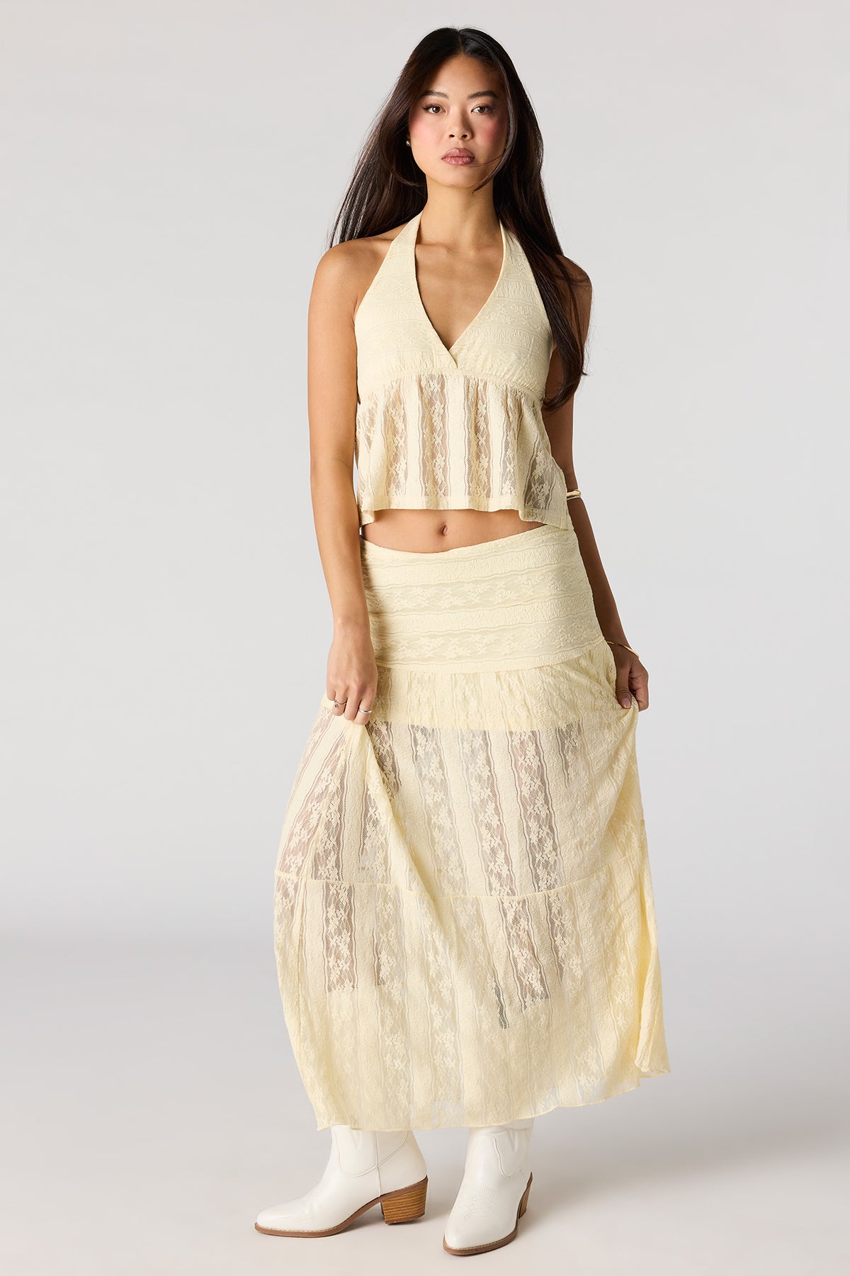 Alt View 3. Floral Lace Babydoll Halter Top - Yellow
