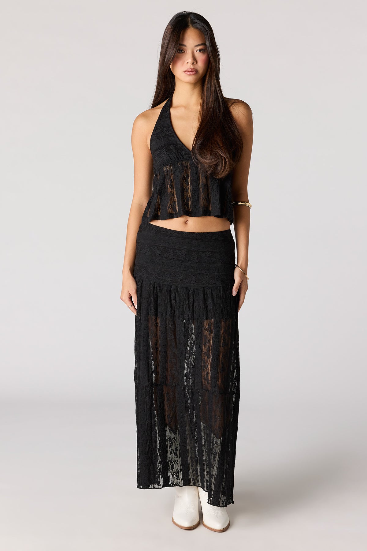 Floral Lace Maxi Skirt - Black